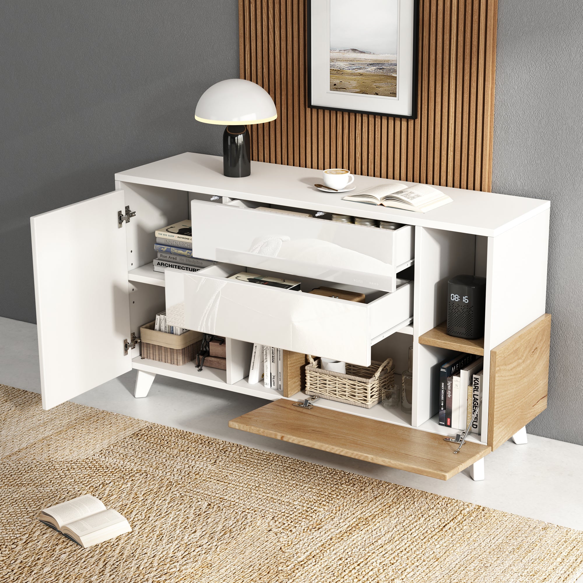 Sideboard, Storage, High-Gloss White Wood