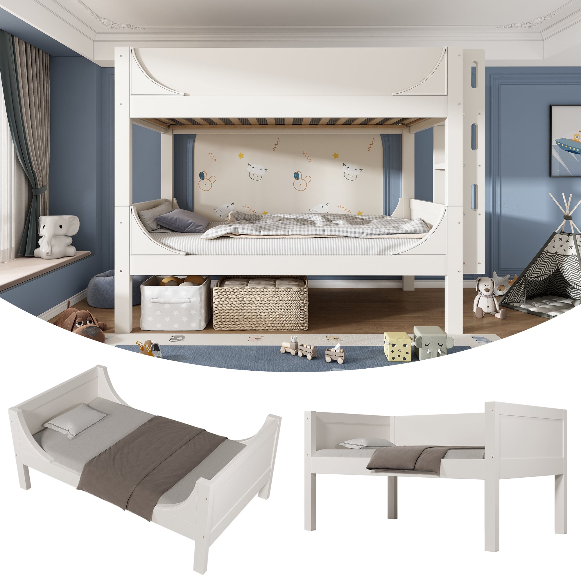 Separable Bunk Bed 90x200cm, Converts to 2 Single Beds, Sled Design, White