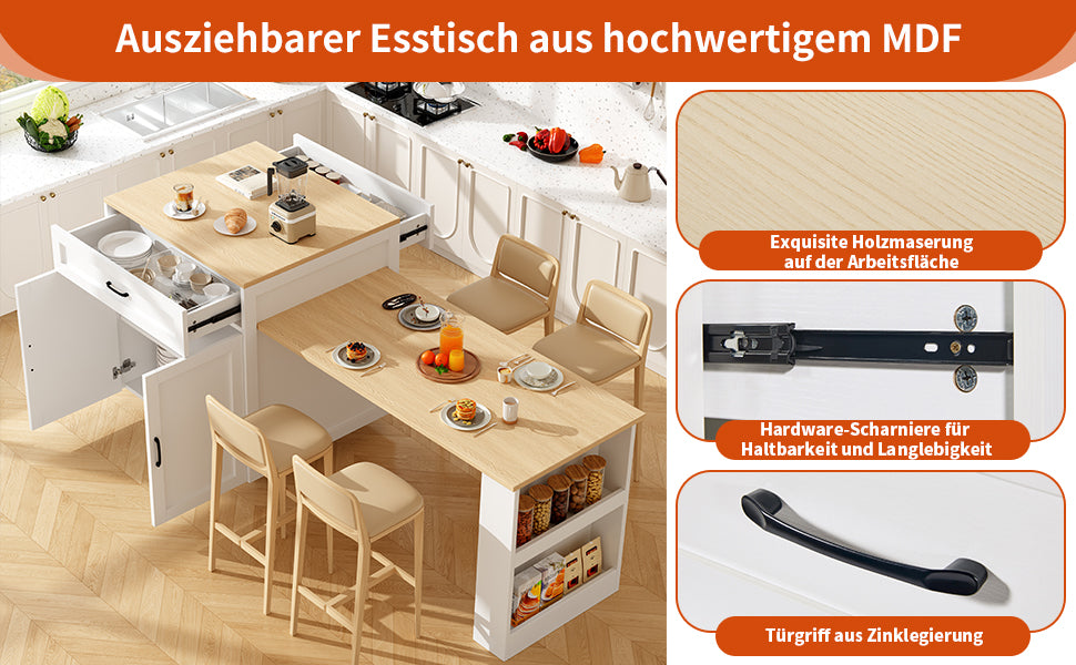 Extendable Bar Table Storage 2 Drawers Side Shelves - White