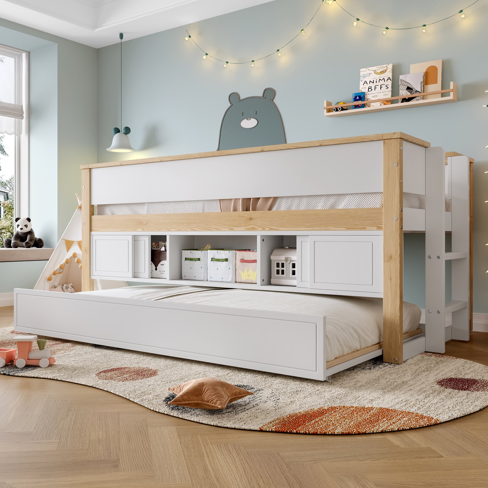 Mid-height Bed with Pull-Out Bed Storage 90x200cm, White + Natural