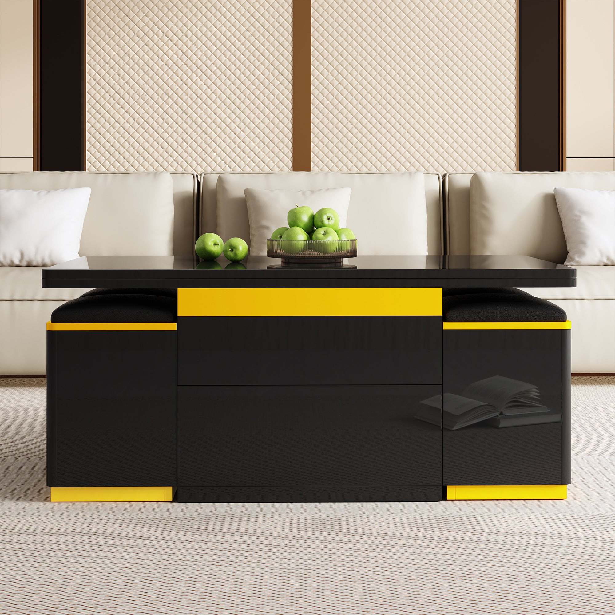 Coffee Table Multifunctional High-Gloss Height-Adjustable Foldable Dining 100x50x43cm - Black