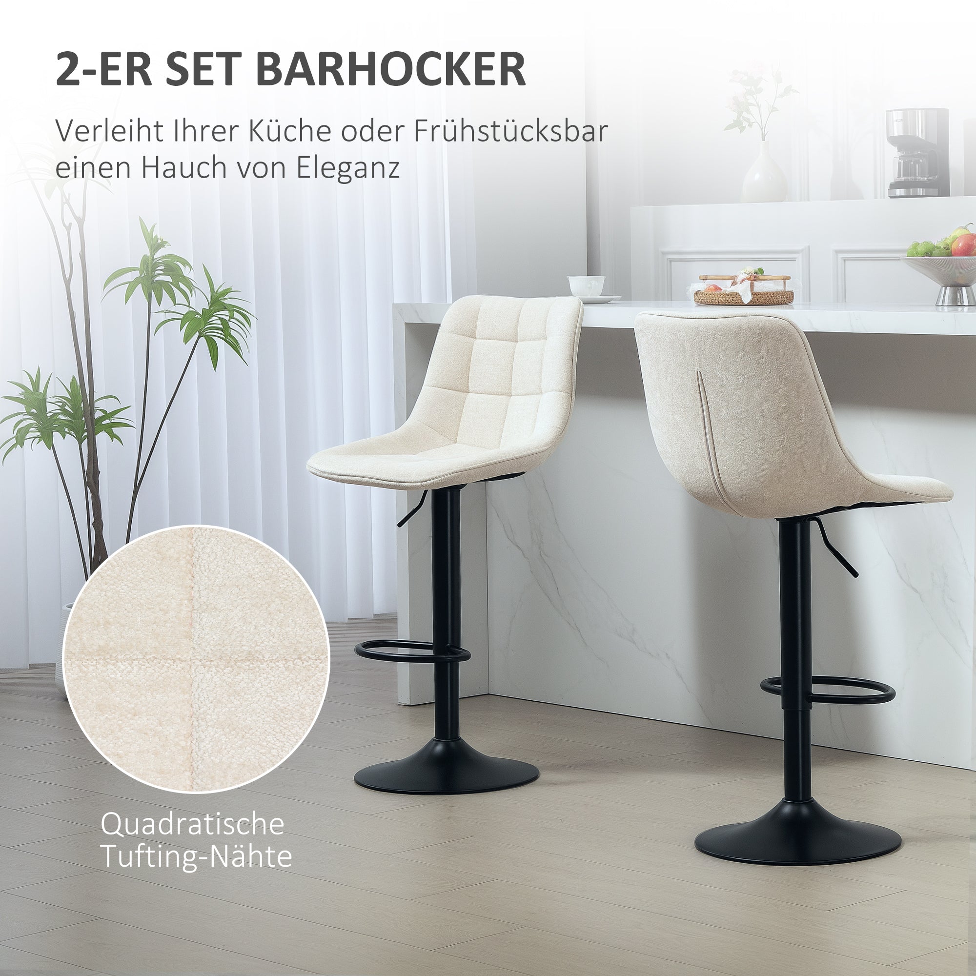 Bar Stool Set of 2, Upholstered with Backrest, Height-Adjustable, Swivel, Beige