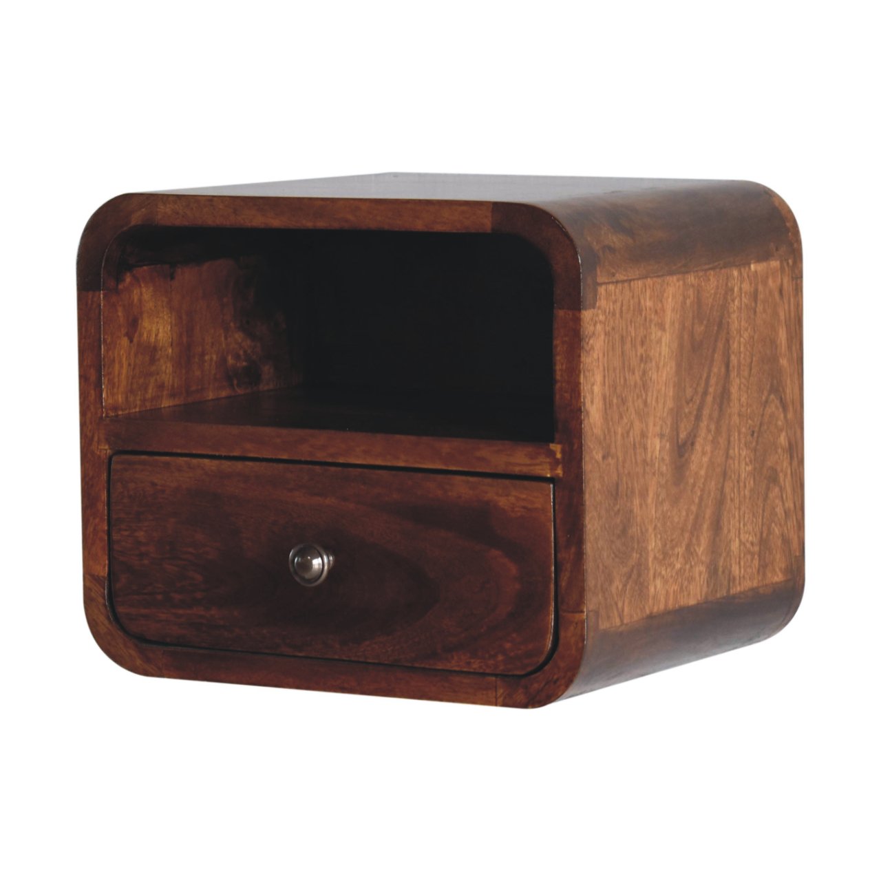 Extra Mini Bedside, Wall Mounted Curved 1 Drawer Open Slot, Solid Wood Dark Brown