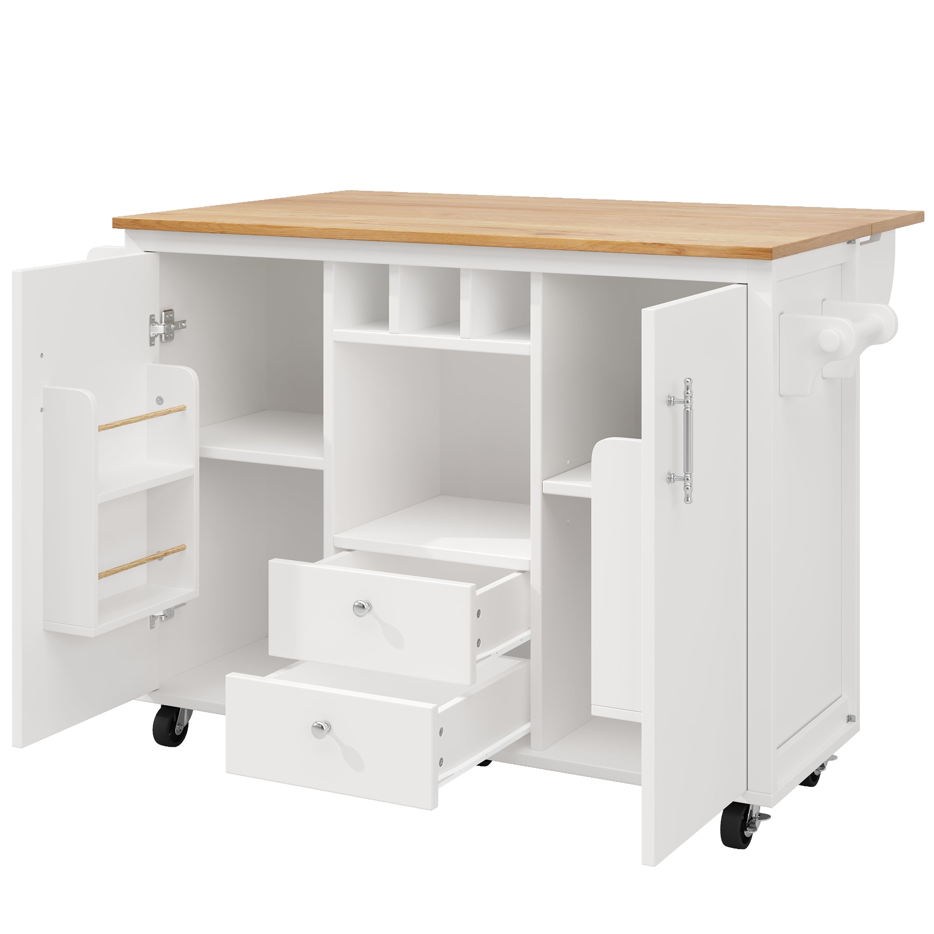 Kitchen Island Trolley with Fold-Down Worktop Storage & Adjustable Shelves - White/Black