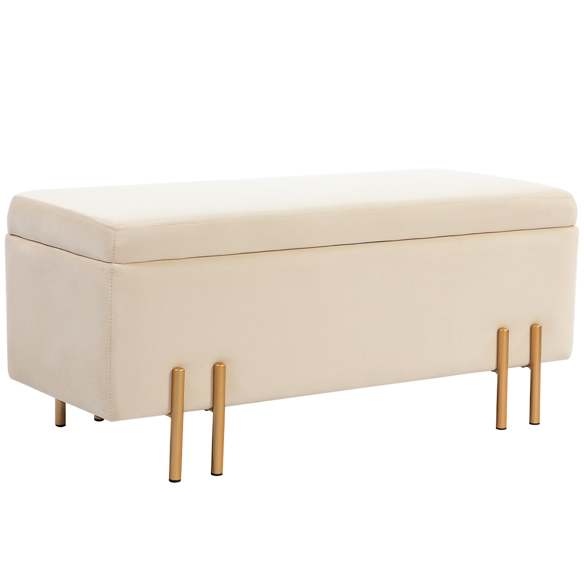 Bench with storage, upholstered velvet, wooden legs, 100 x 40 x 42 cm, beige
