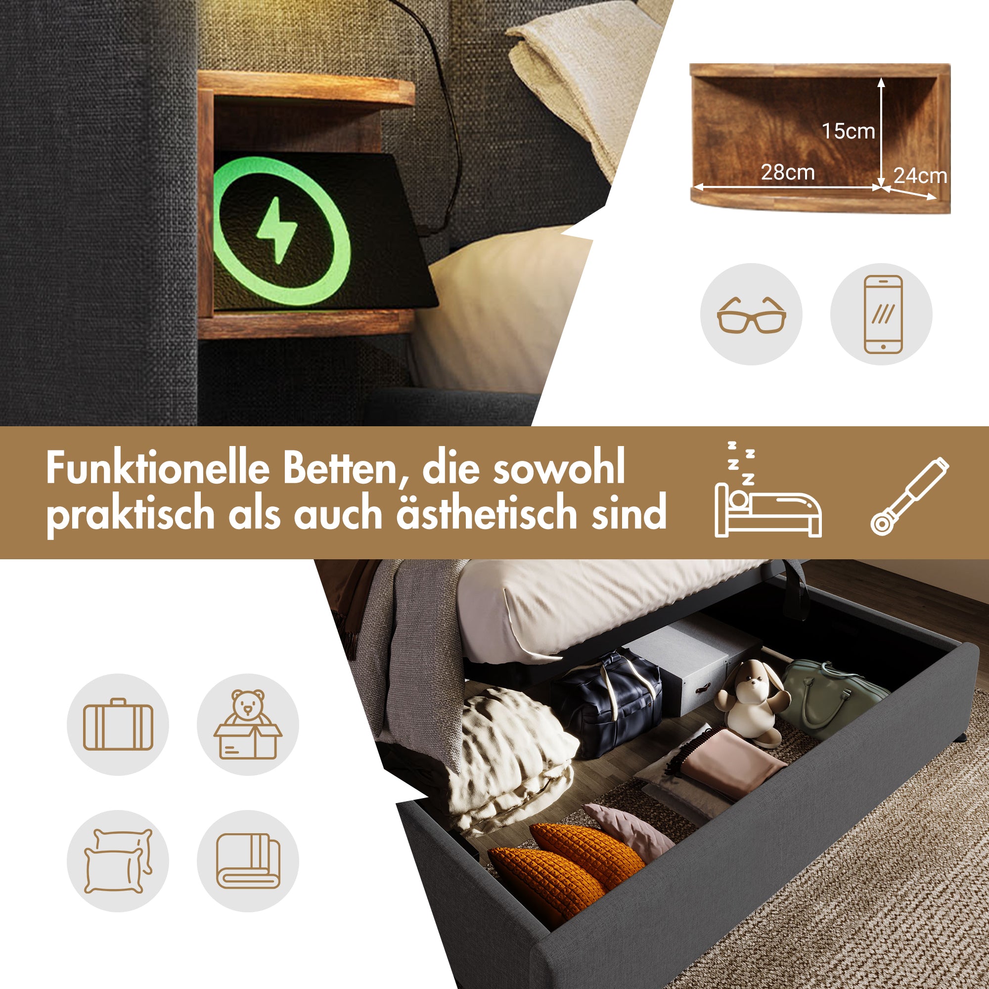 Upholstered Double Bed 160x200, with Bedside Table, Lamp, USB Type-C, Gray Linen