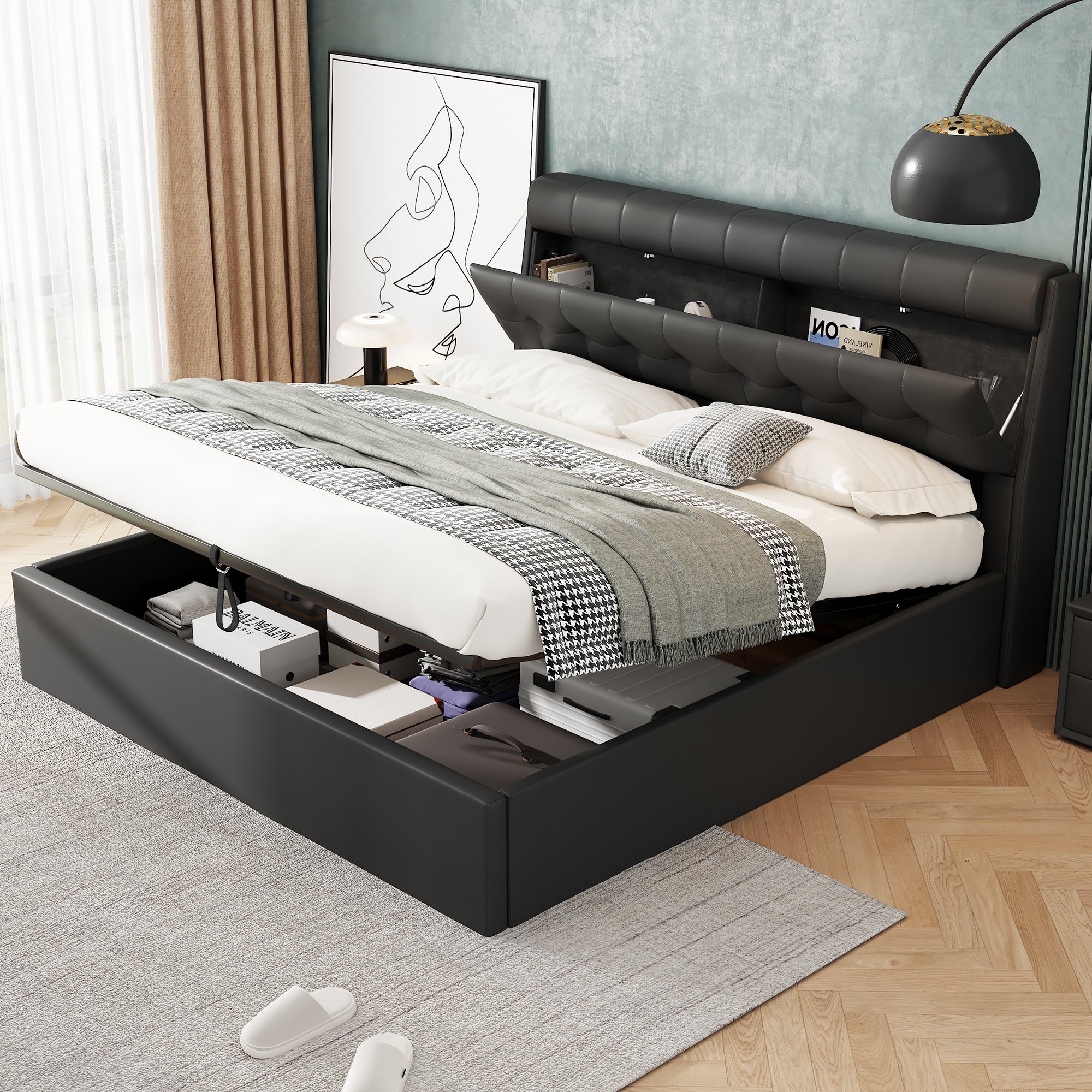 Fashion Upholstered Bed, Double Hydraulic with Storage and Slats, Black PU