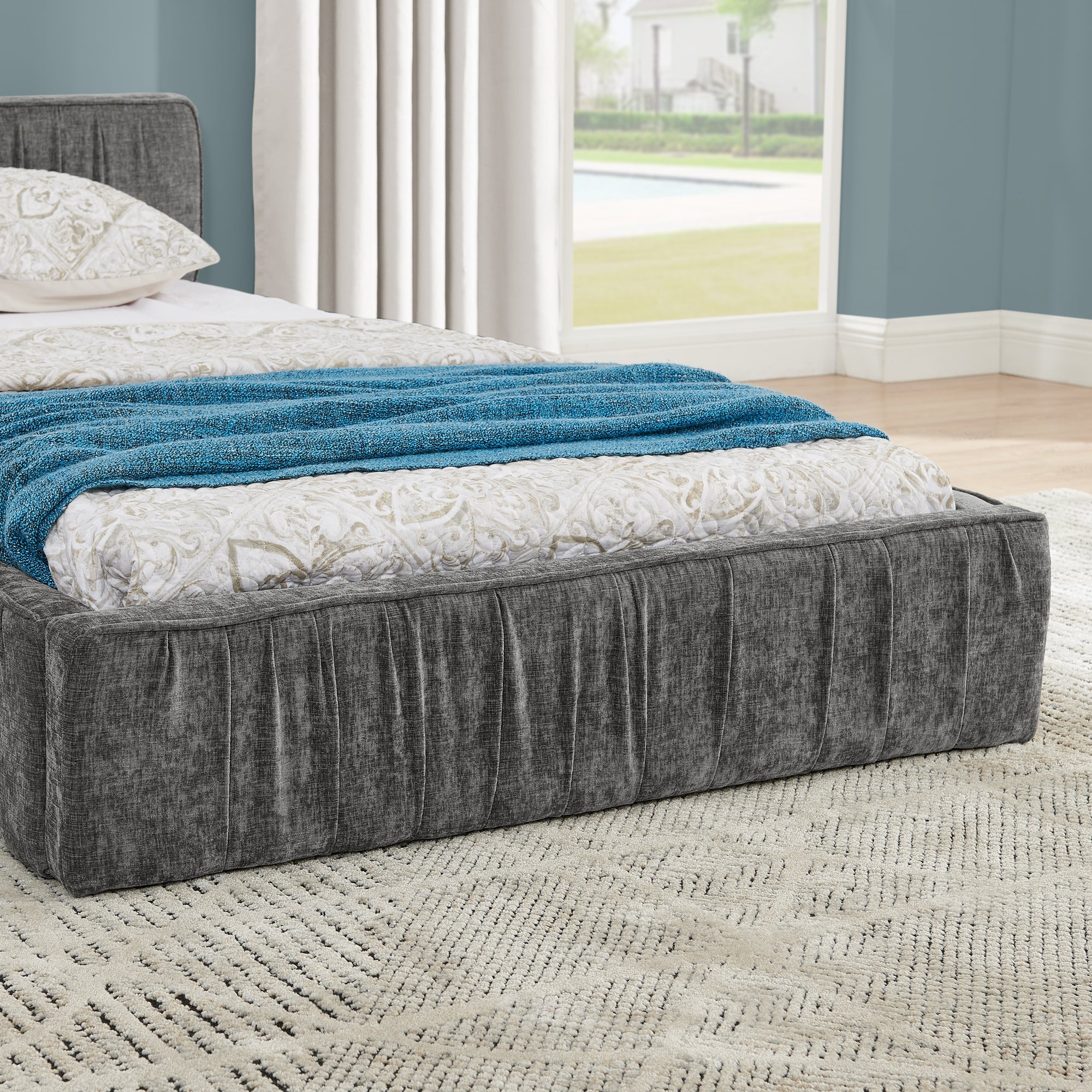 Single Bed 90x200cm Eucalyptus Wood Frame, Chenille Dark Grey