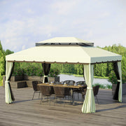 4 x 3 m Garden Gazebo, Double Roof with Netting & Curtains, Aluminum Cream