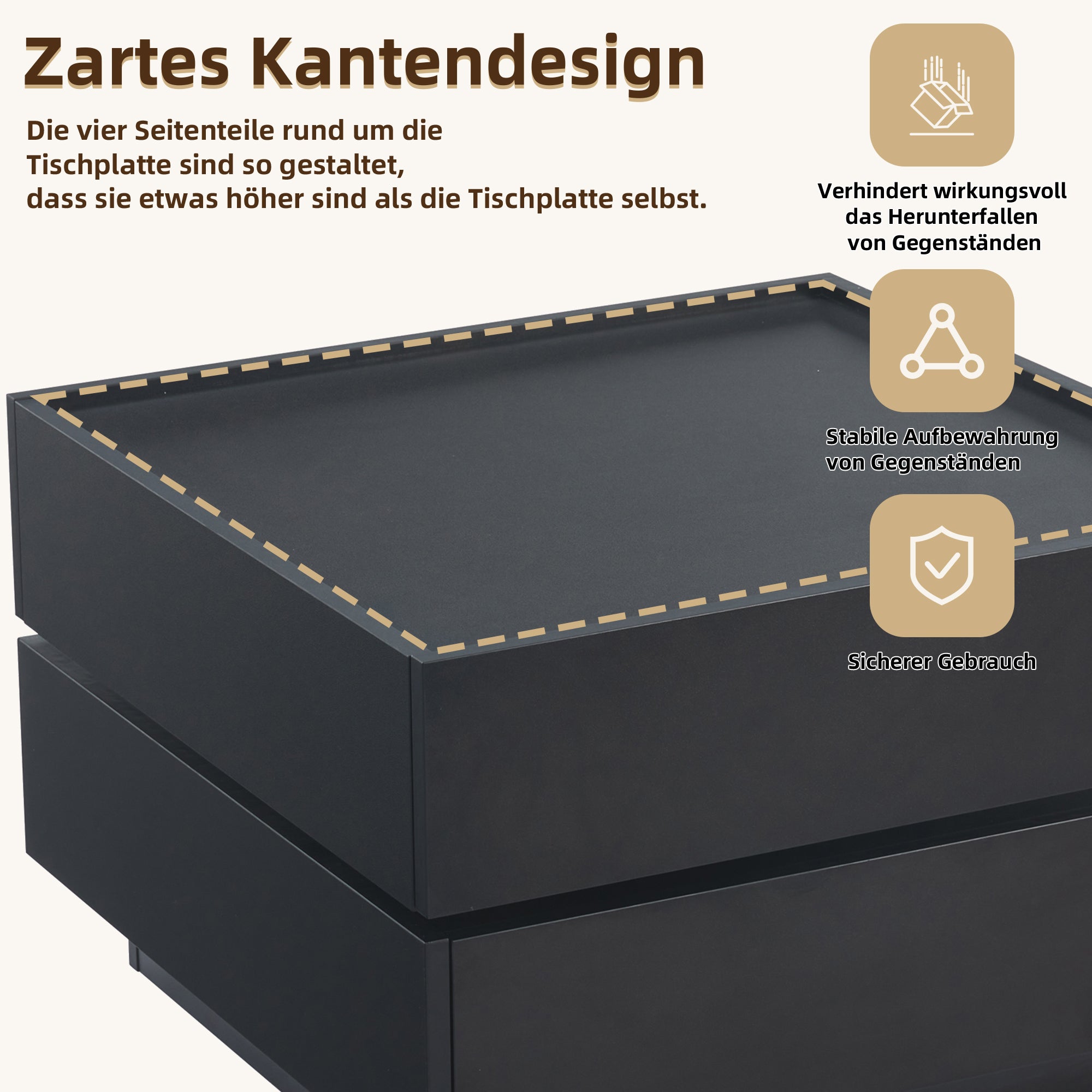 Coffee Table 360° Rotatable with 2 Shelves and Storage, Black