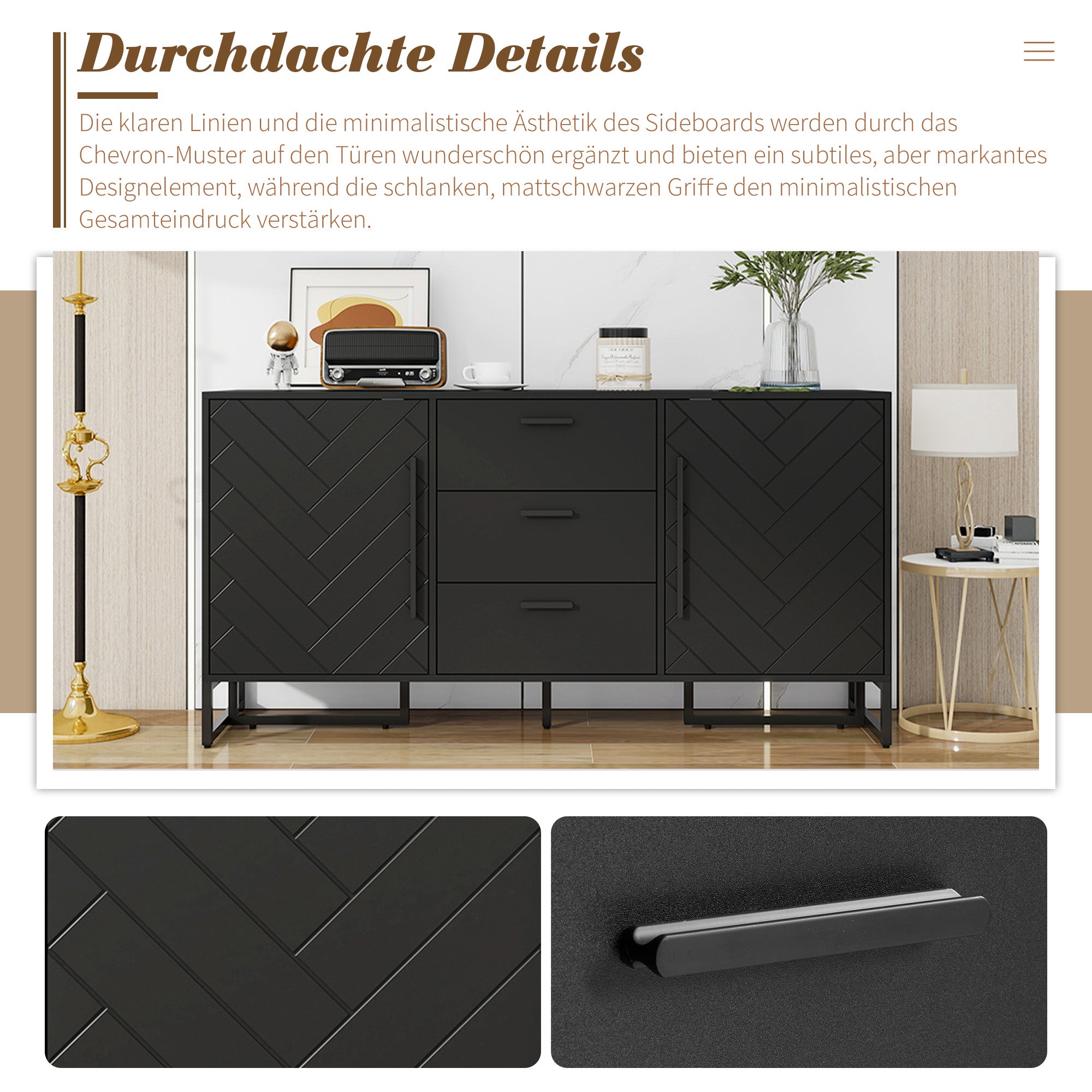 Sideboard Herringbone Pattern 2 Doors 3 Drawers Black