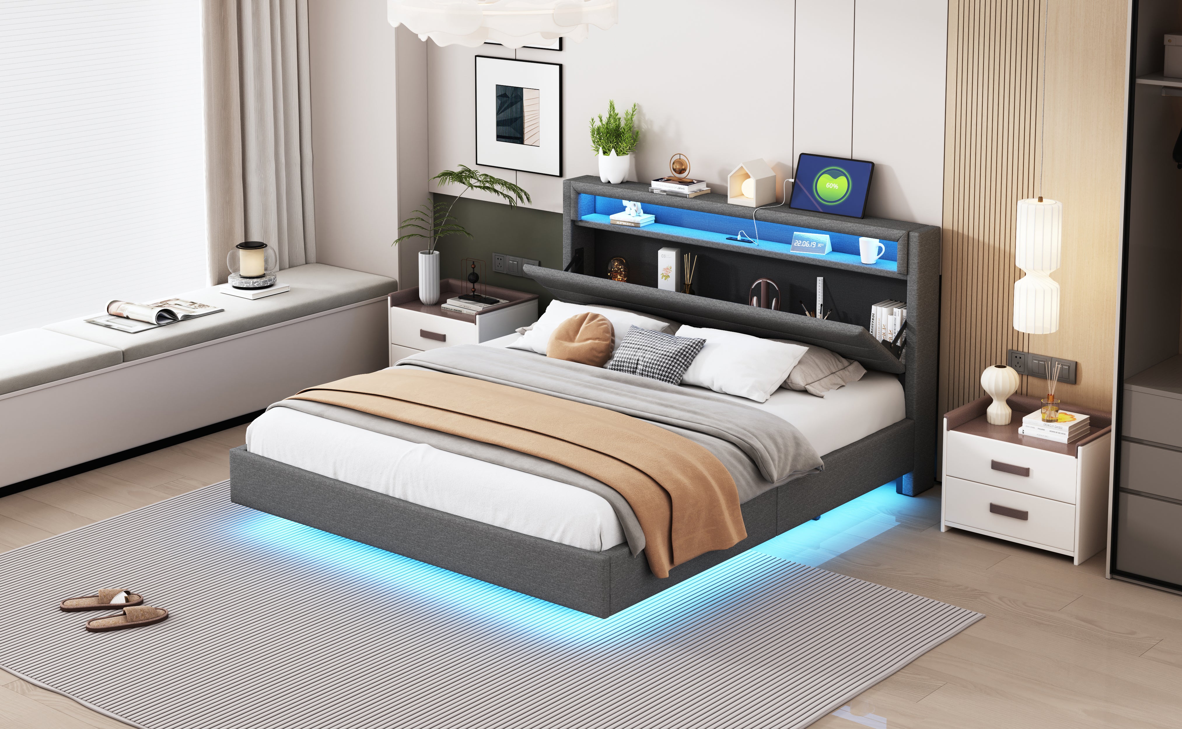 Upholstered Bed, 160x200 cm with USB & LED, Reversible Headboard, Grey Linen