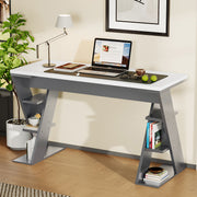 Simple Desk with X-Shaped Bracket and Storage Shelf, Grey and White
