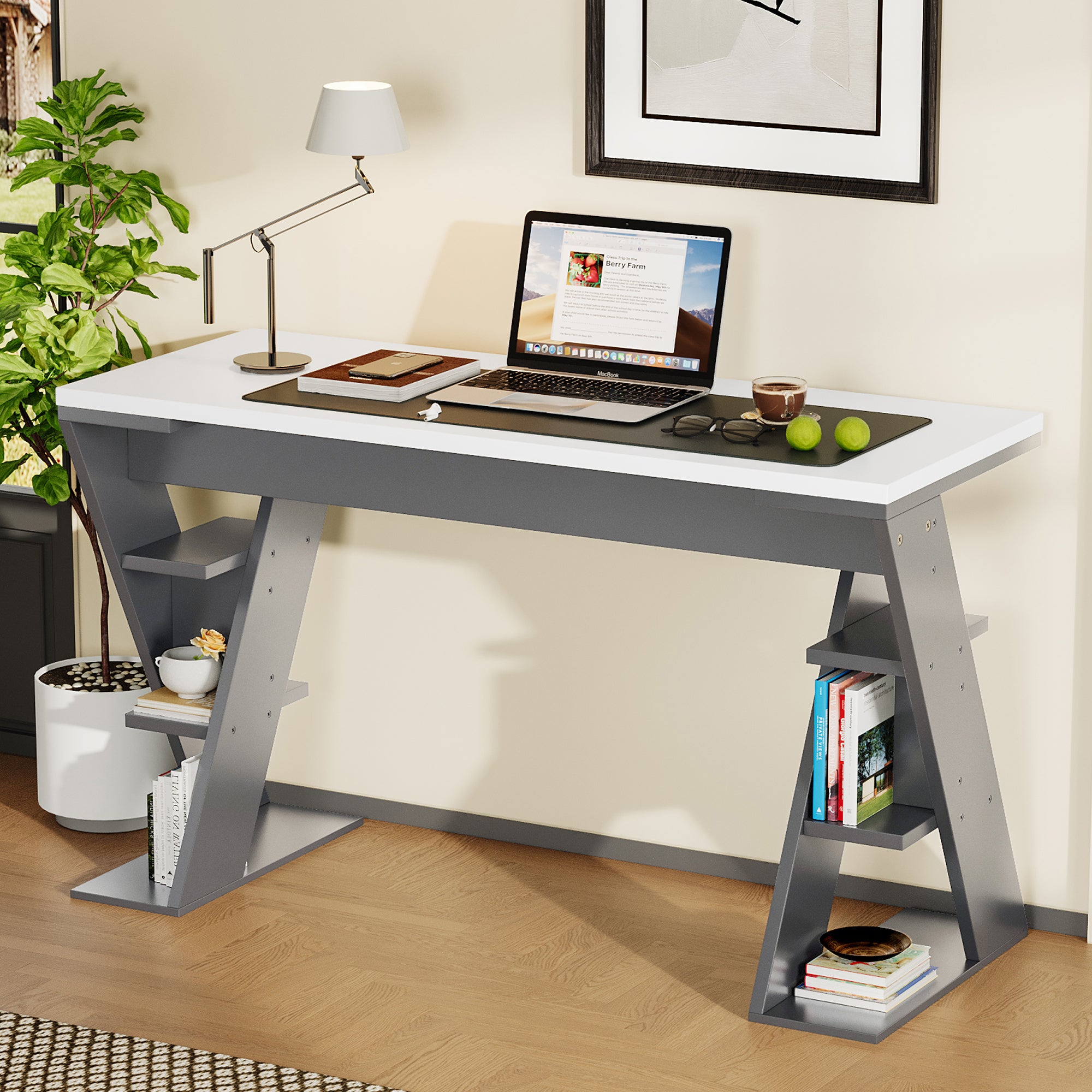 Simple Desk with X-Shaped Bracket and Storage Shelf, Grey and White