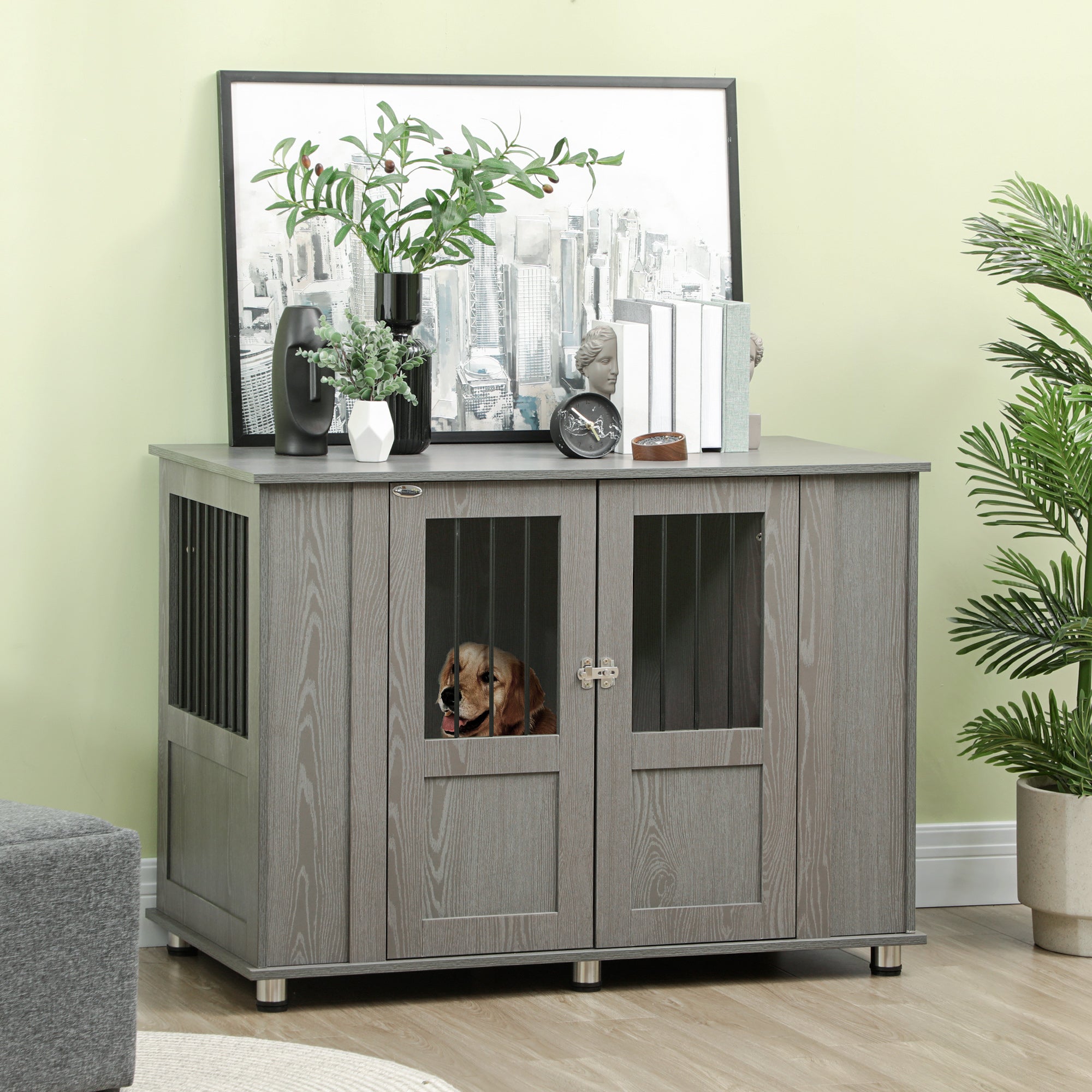 Dog Cage with Lock, Magnetic Door, Window for Extra Large Dogs, Gray
