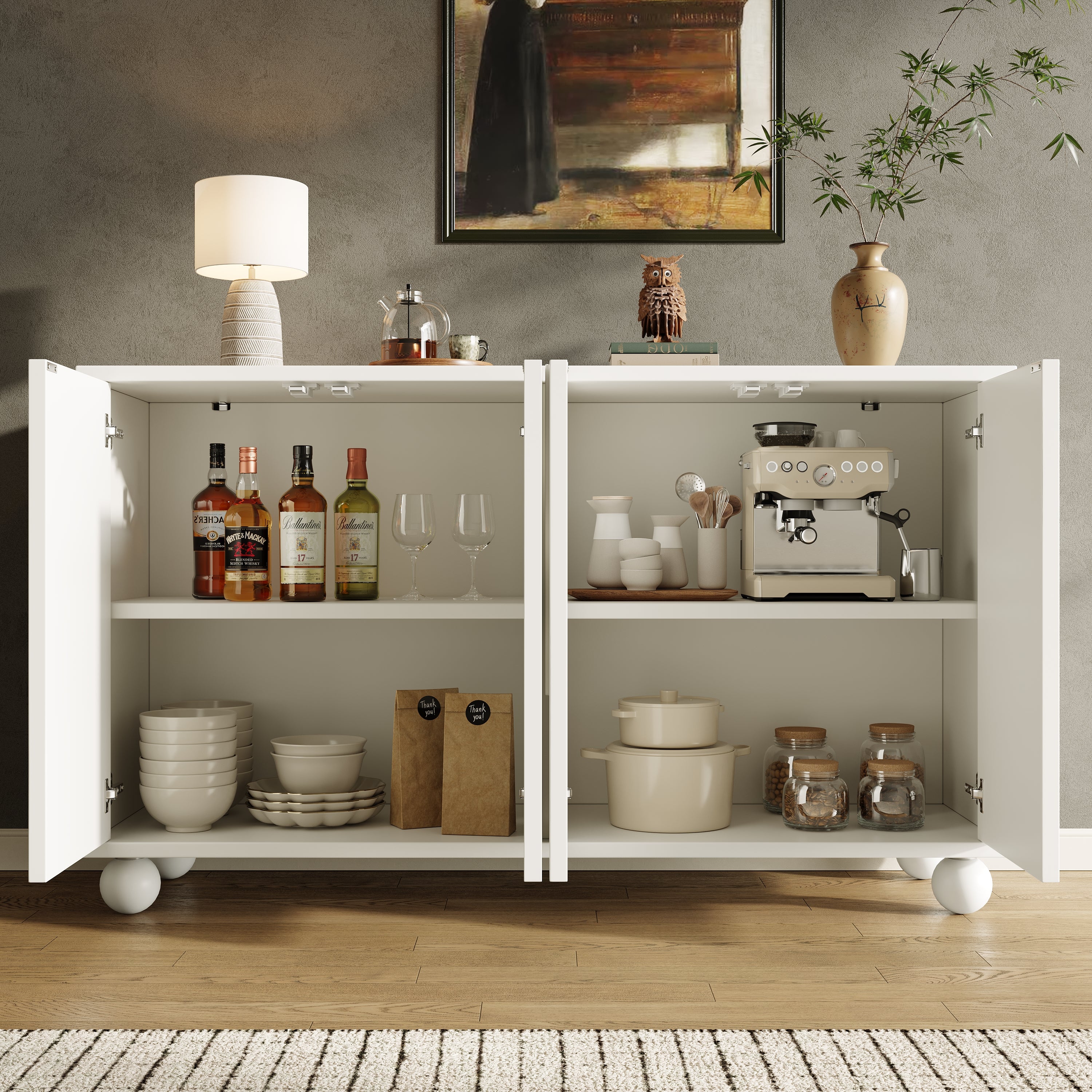 Sideboard Cabinet with Storage and Adjustable Top, White