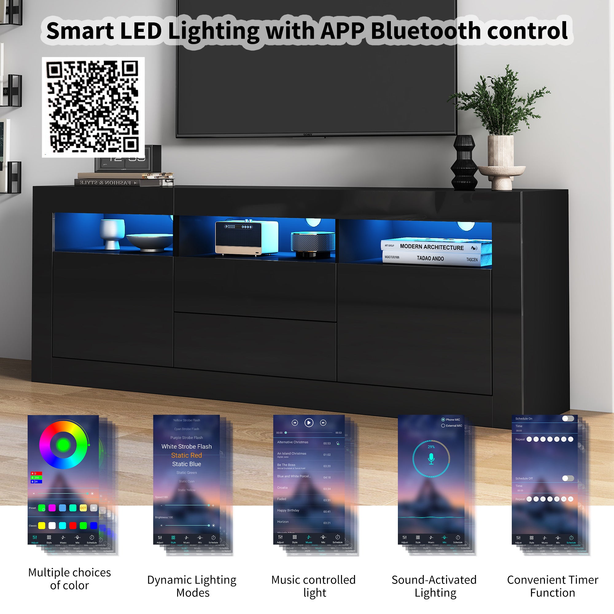 TV Cabinet, 160x35x60cm LED Lighting, 3 Open, 2 Door, 2 Drawer, Smart App Control, for 70-inch TVs, High Gloss