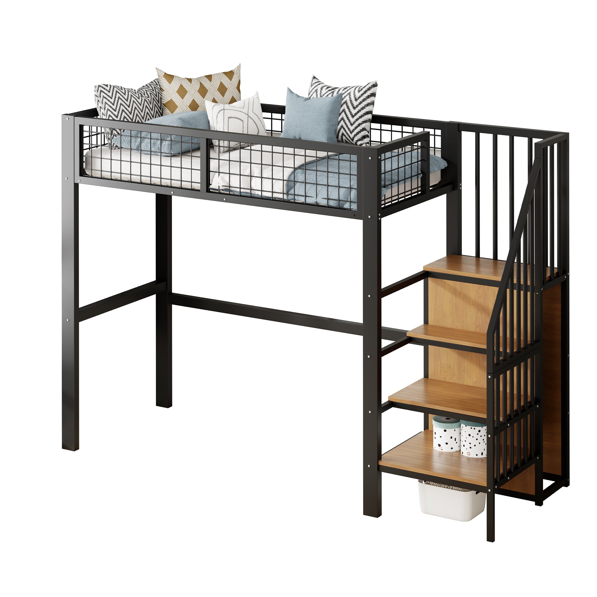 Loft Bed, 90x200 with Ladder & Storage, Iron Frame, Black