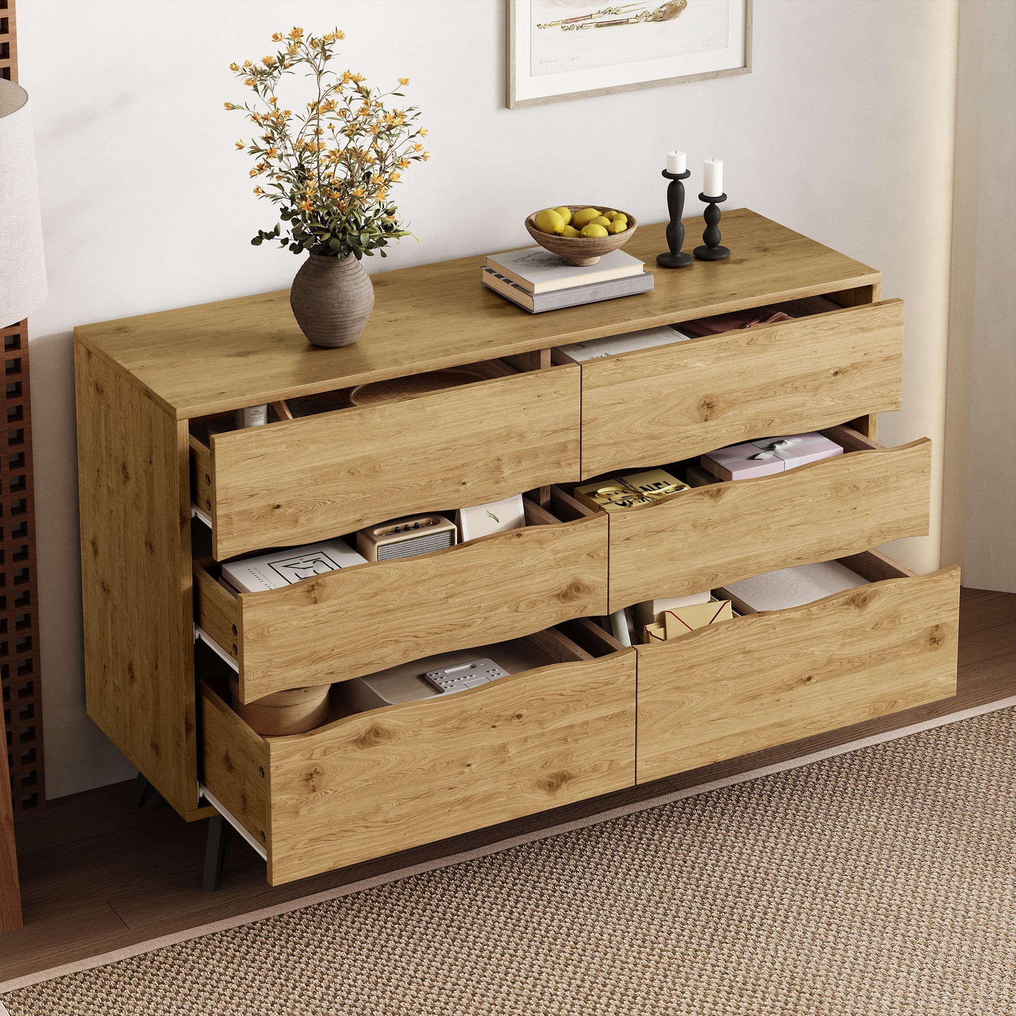 Modern sideboard cabinet with 6 drawers, wood look