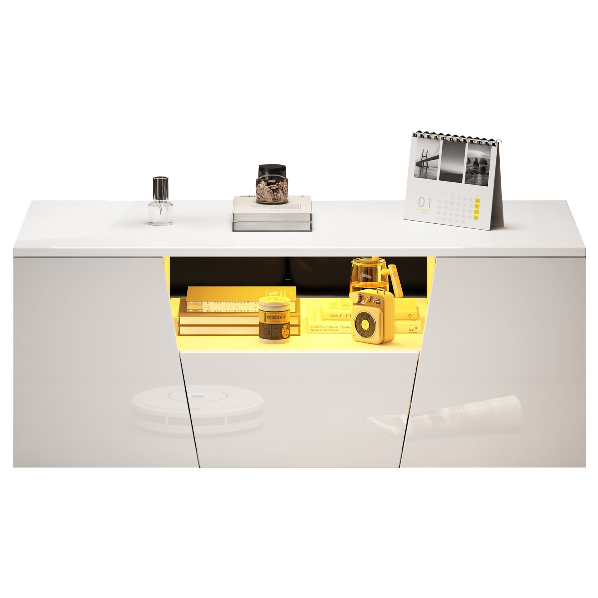 Coffee Table, Sofa Table with LED Light, 2 Cabinets, 1 Drawer, Irregular Design, White