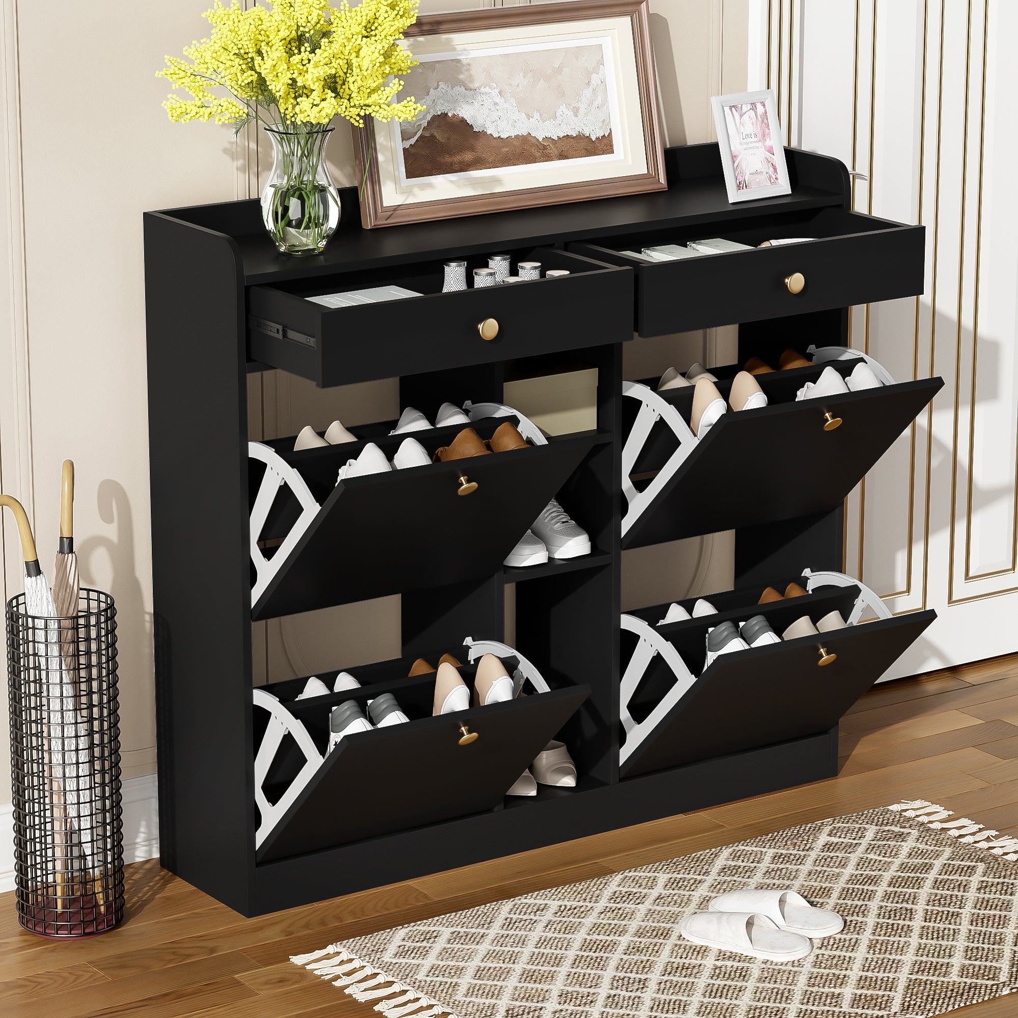 Shoe Cabinet, 4-Door, 2-Drawer, 3-Compartment, Black