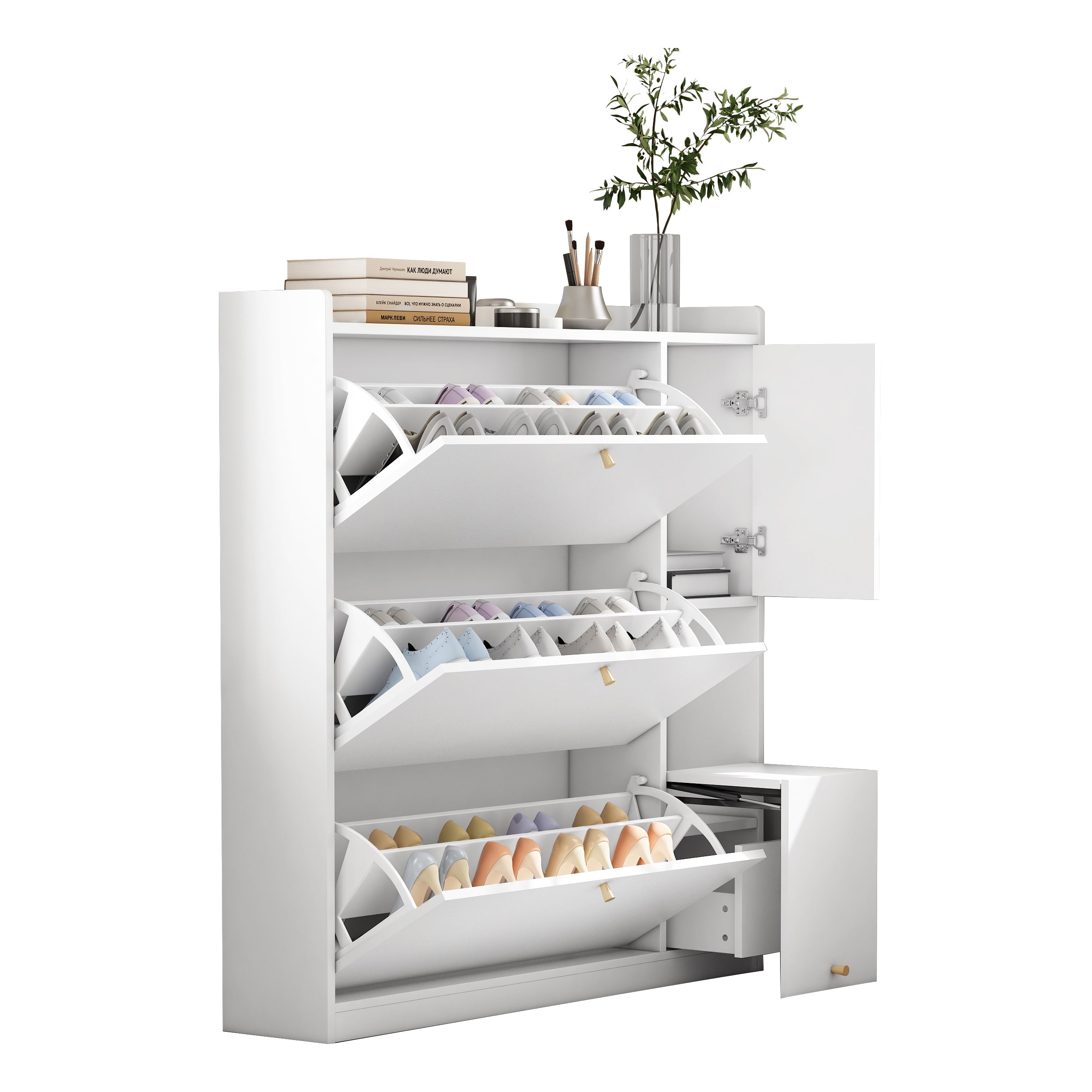 Versatile Tilting Shoe Cabinet with 3 Folding Drawers, Entryway Organizer, White