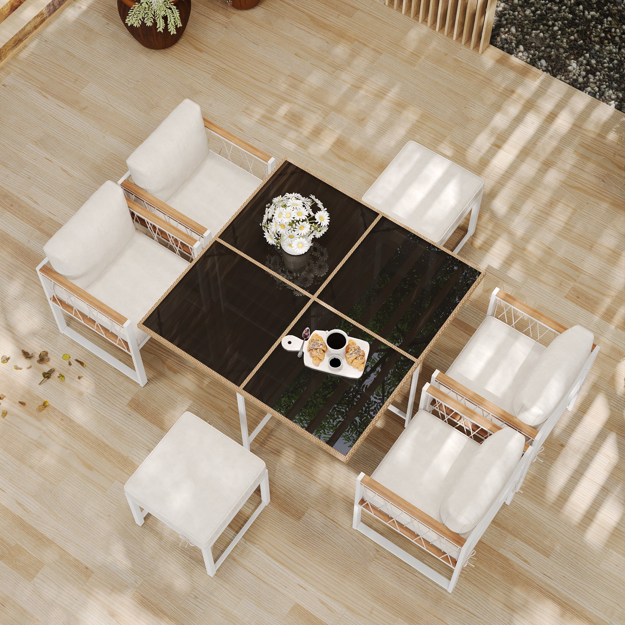 7-Piece Outdoor Dining Set, Tempered Glass PE Rattan, Acacia Wood