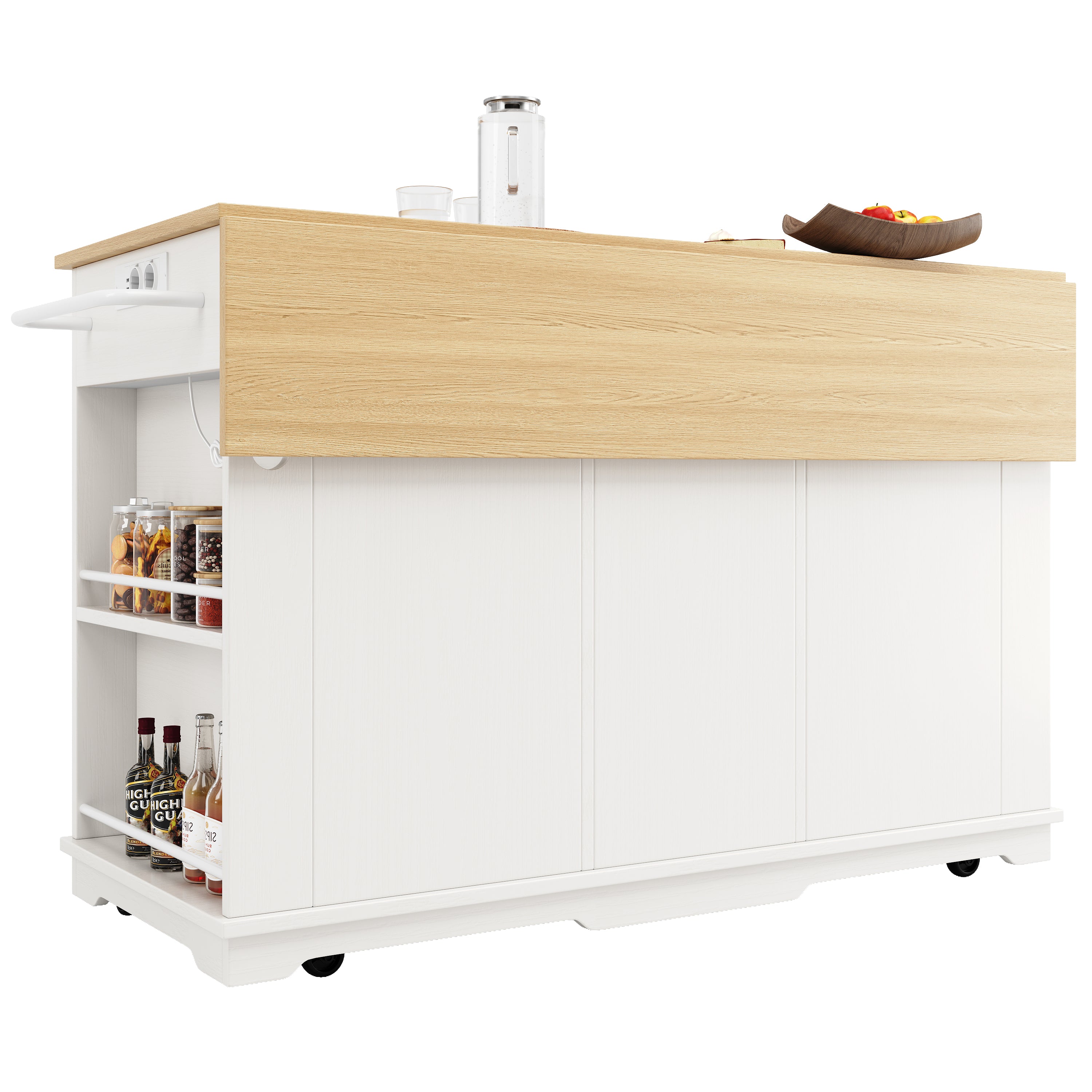 Kitchen Island Trolley Worktop Power Strip Wood Grain White