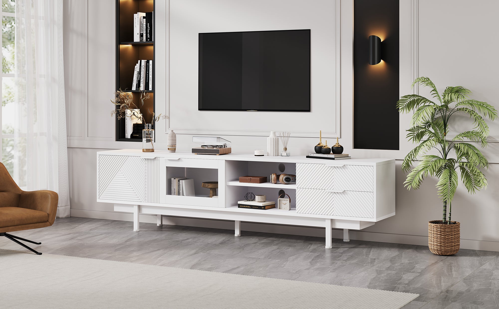 TV Cabinet, Modern Simple 80-inch with 2 Doors & 2 Drawers, White
