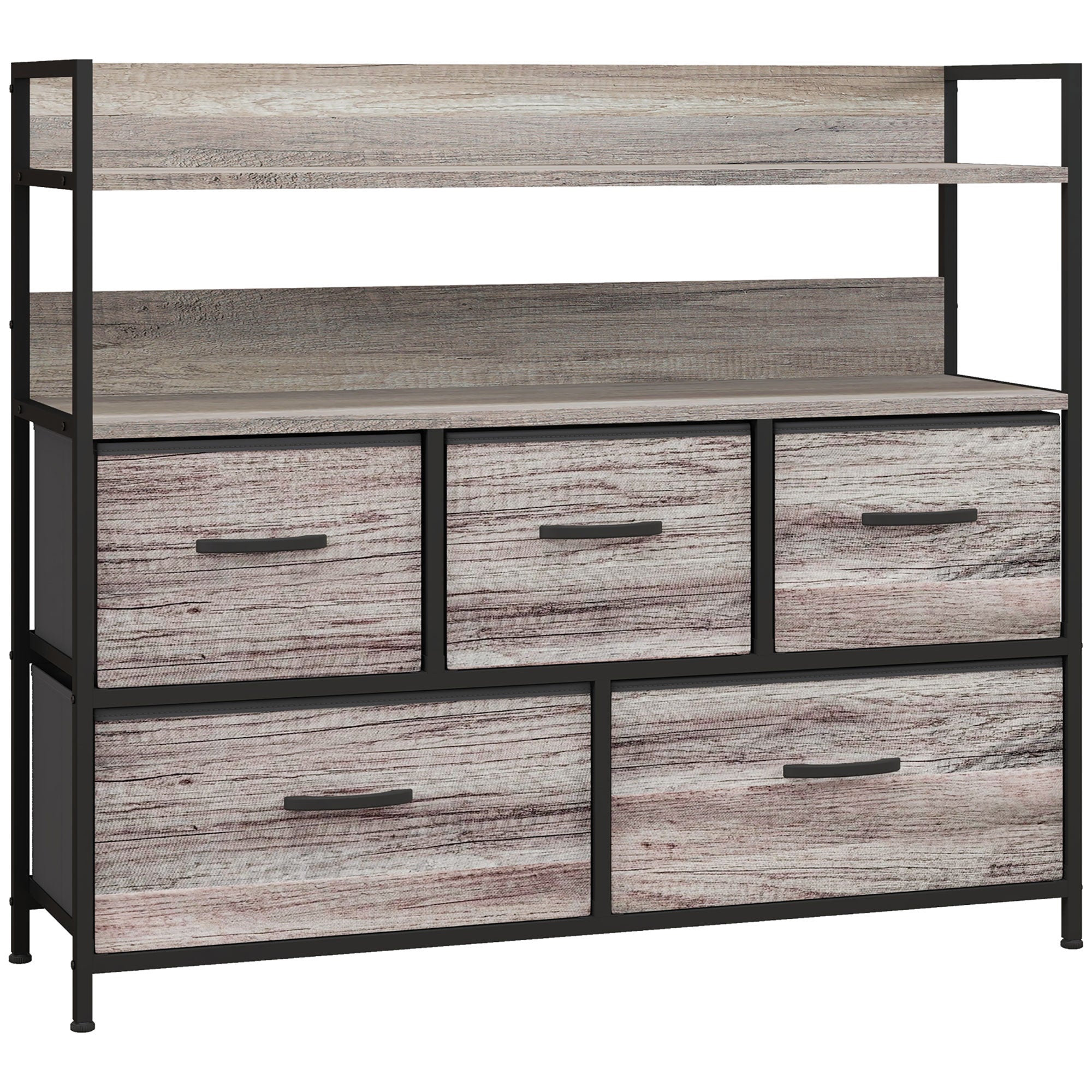 Rustic Chest, Five Fabric Drawers, Grey Wood Effect