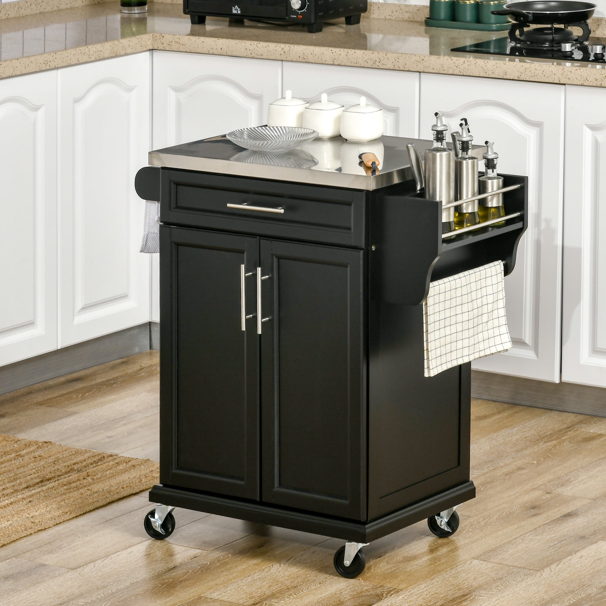 Wooden Kitchen Island on Wheels with Stainless Steel Top, Black