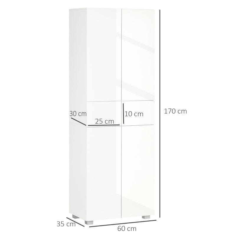 4-Door Kitchen Cupboard Tall Freestanding 5-Tier Cabinet with 3 Adjustable Shelves, 2 Drawers, Push to Open Design, High Gloss White