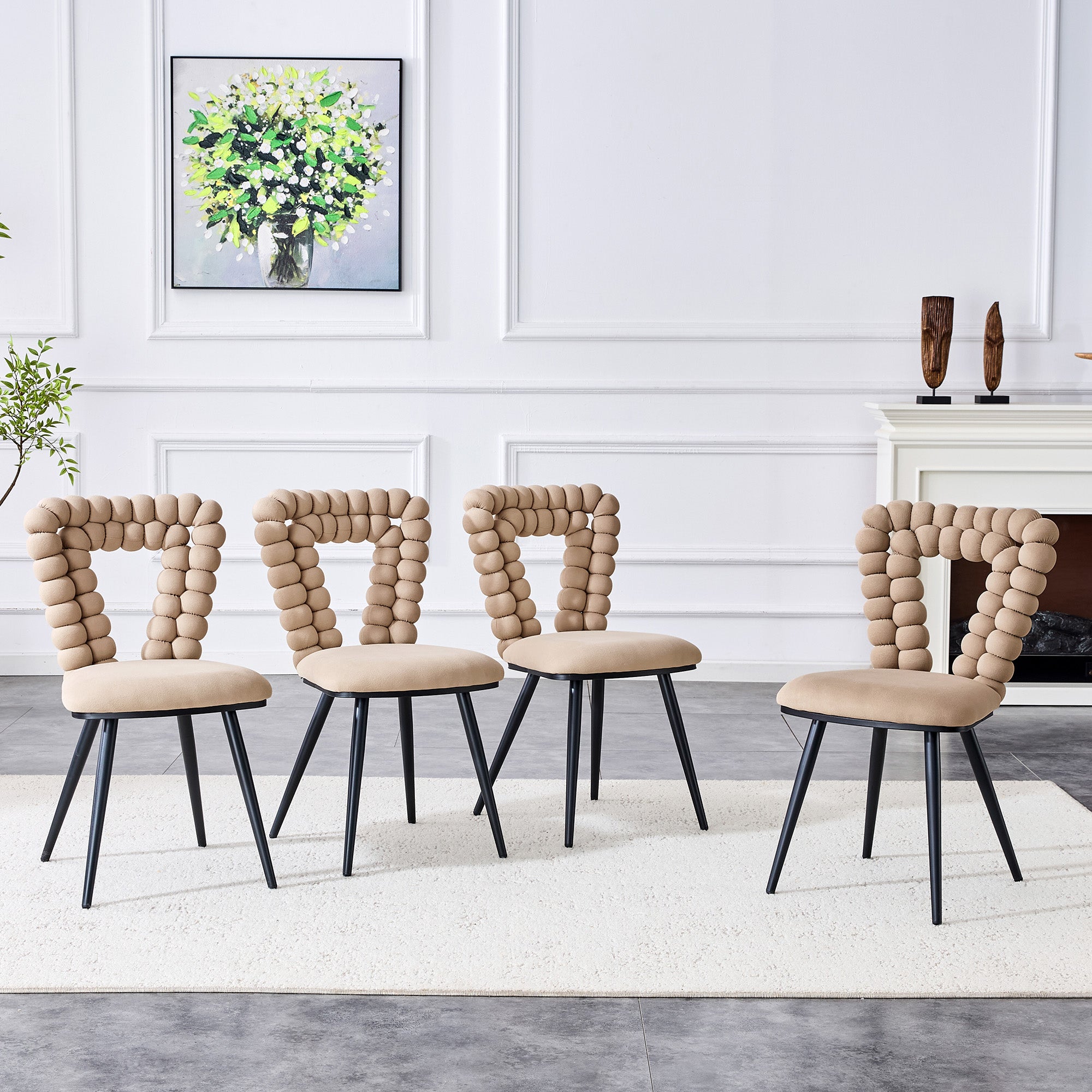 Camel Dining Chairs (Set of 2), Triangular Cutout Backrest, Black Metal Legs, Velvet