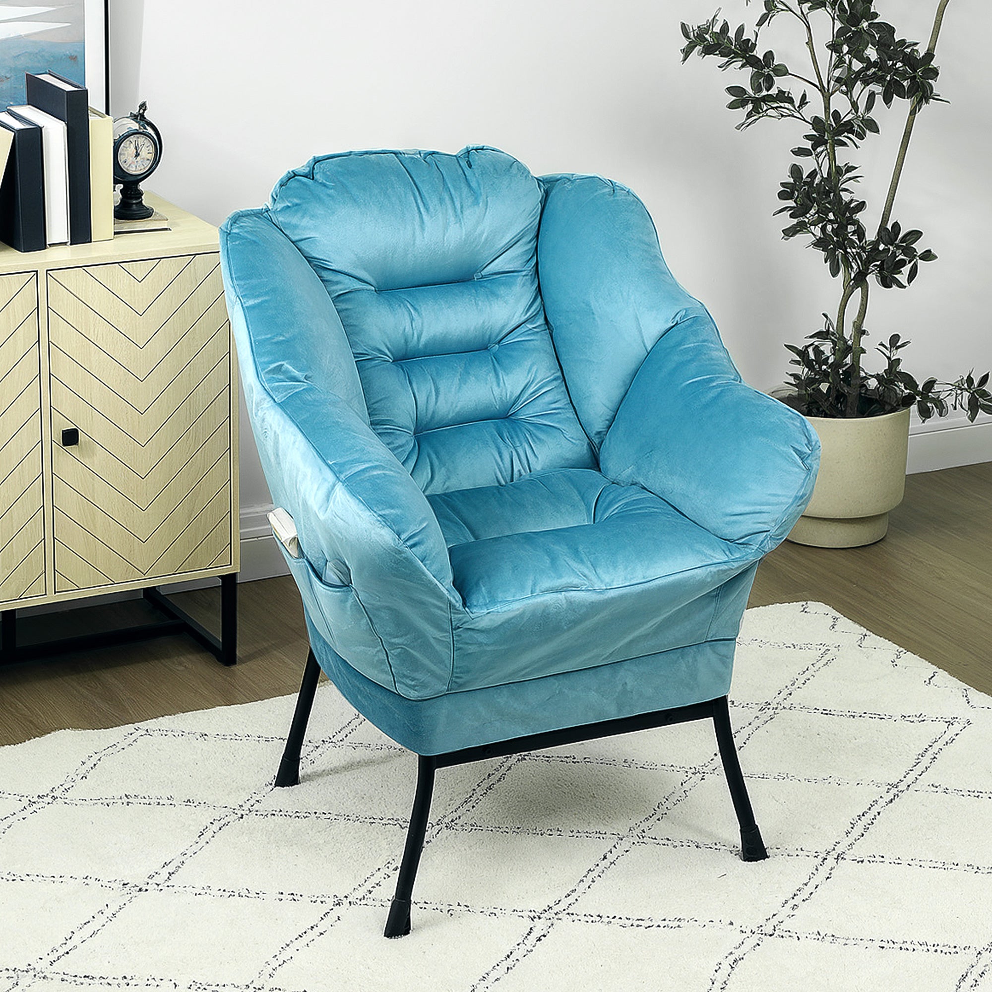 Armchair Lounge Chair, Side Pocket, Steel Legs, Blue
