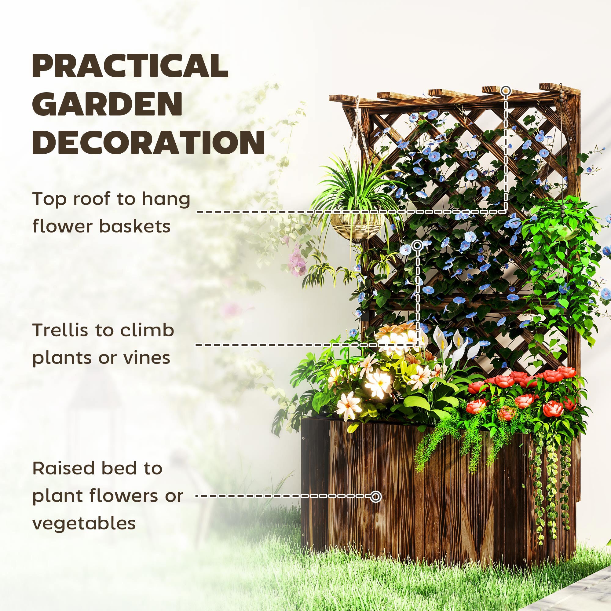 Wooden Planter with Trellis, Raised Garden Bed and Drainage, Carbonised