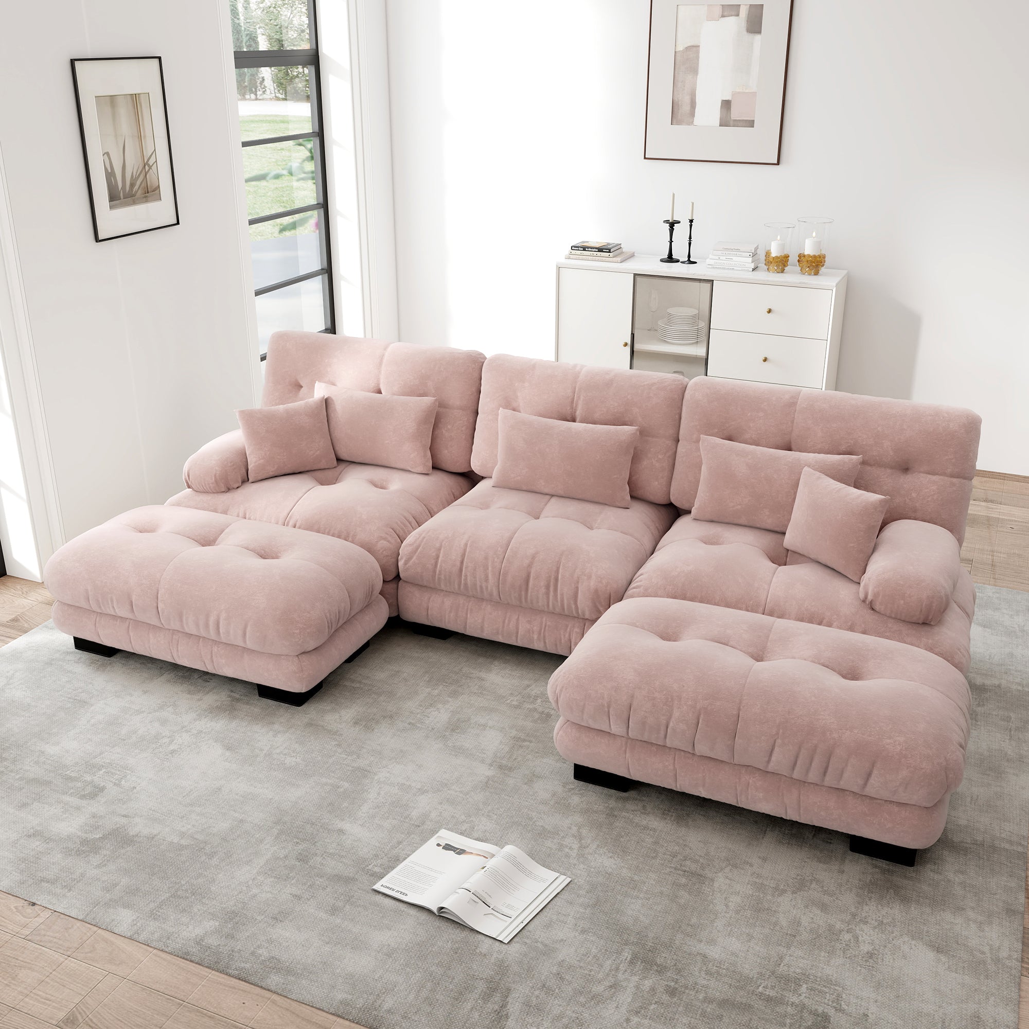 Luxury Modular Corner Sofa - Oversized U-shaped Cloud Couch, Deep Seating, Convertible Sleeper with Ottoman, Chenille Pink