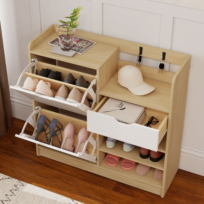 Shoe Rack with Tilting Drawers, Open Shelves, 4 Hooks, 14 Pairs, Natural