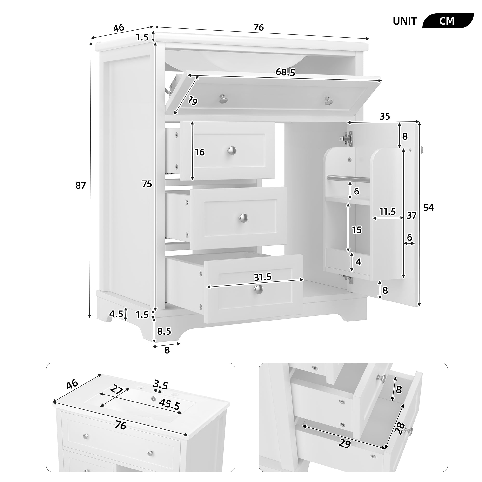 Bathroom Vanity Unit with Ceramic Sink and Drop-down Drawer, White