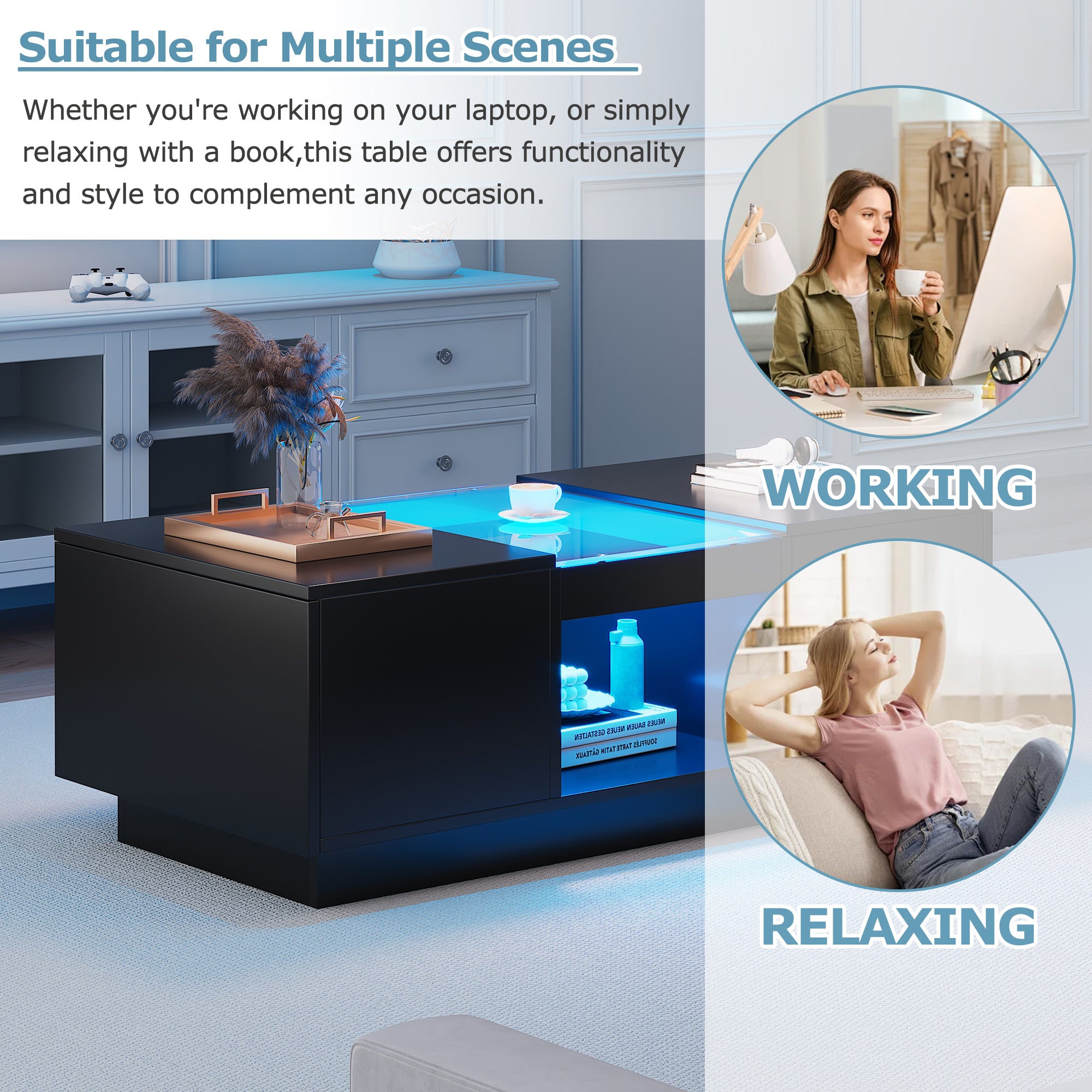 Black Coffee Table with Glass Panel, LED Lighting, App Control, 2 Drawers, 100x50x35.5 cm