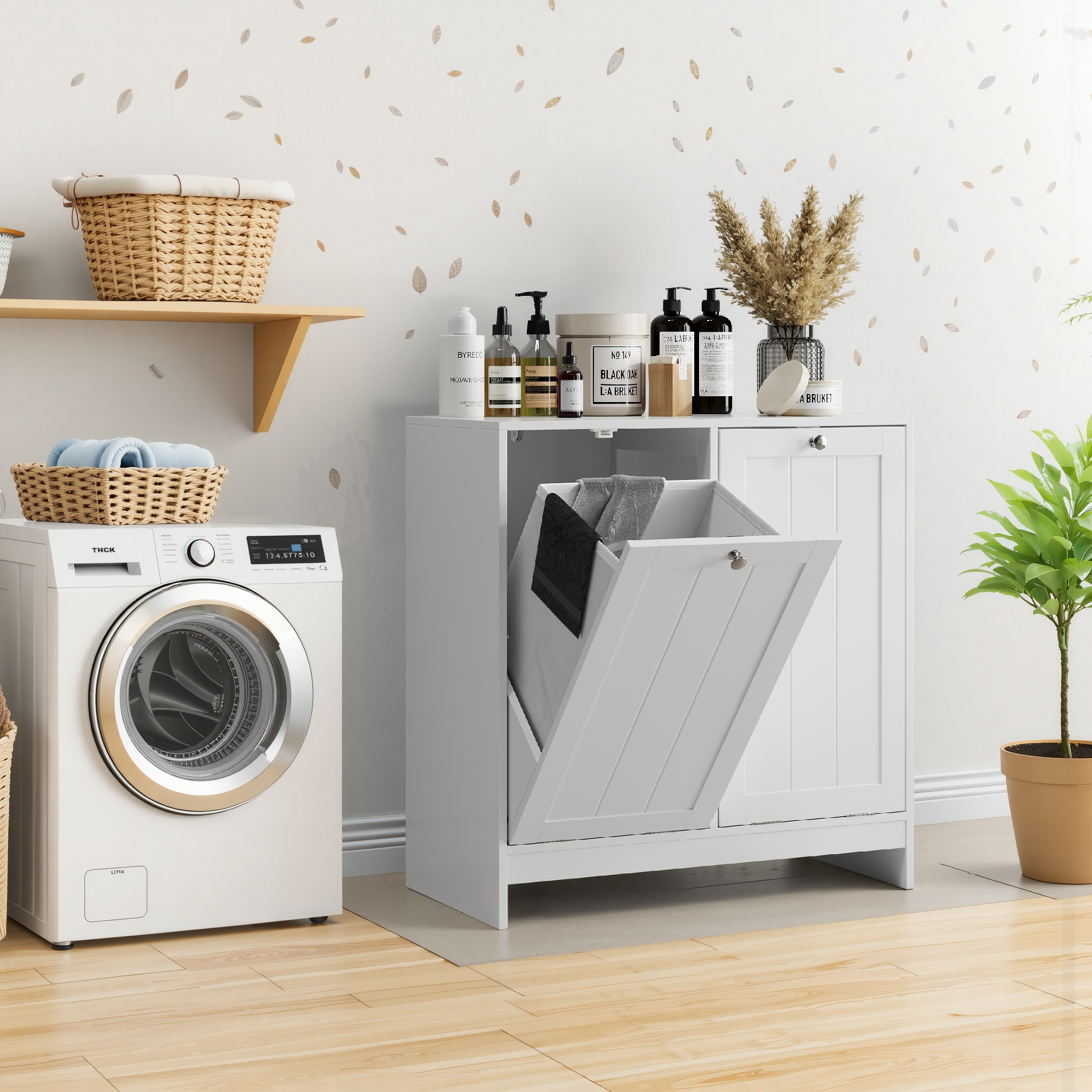 Tilting Laundry Basket Removable Hamper Storage Cabinet, White