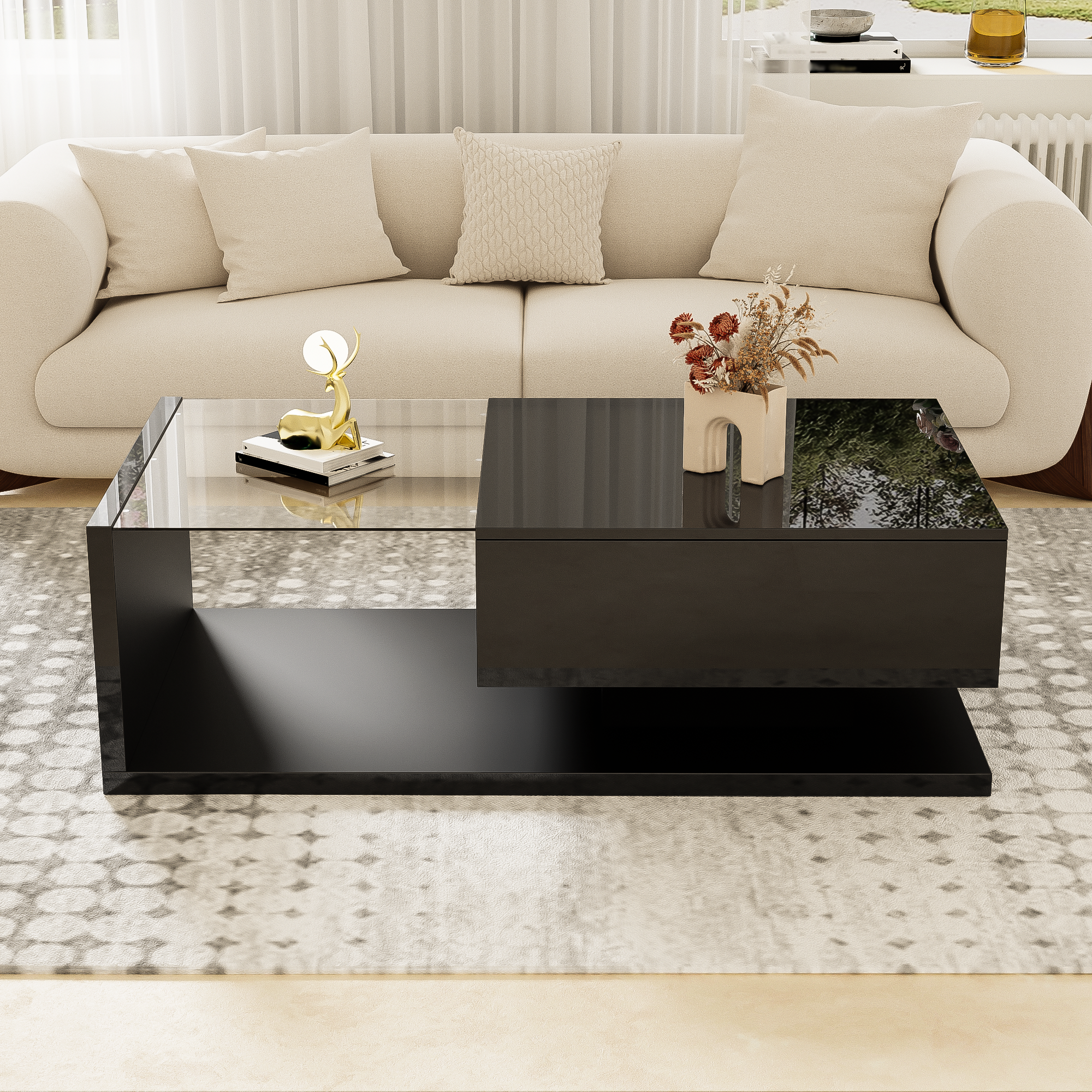 Coffee Table, High-Gloss Black with Push-Pull Storage