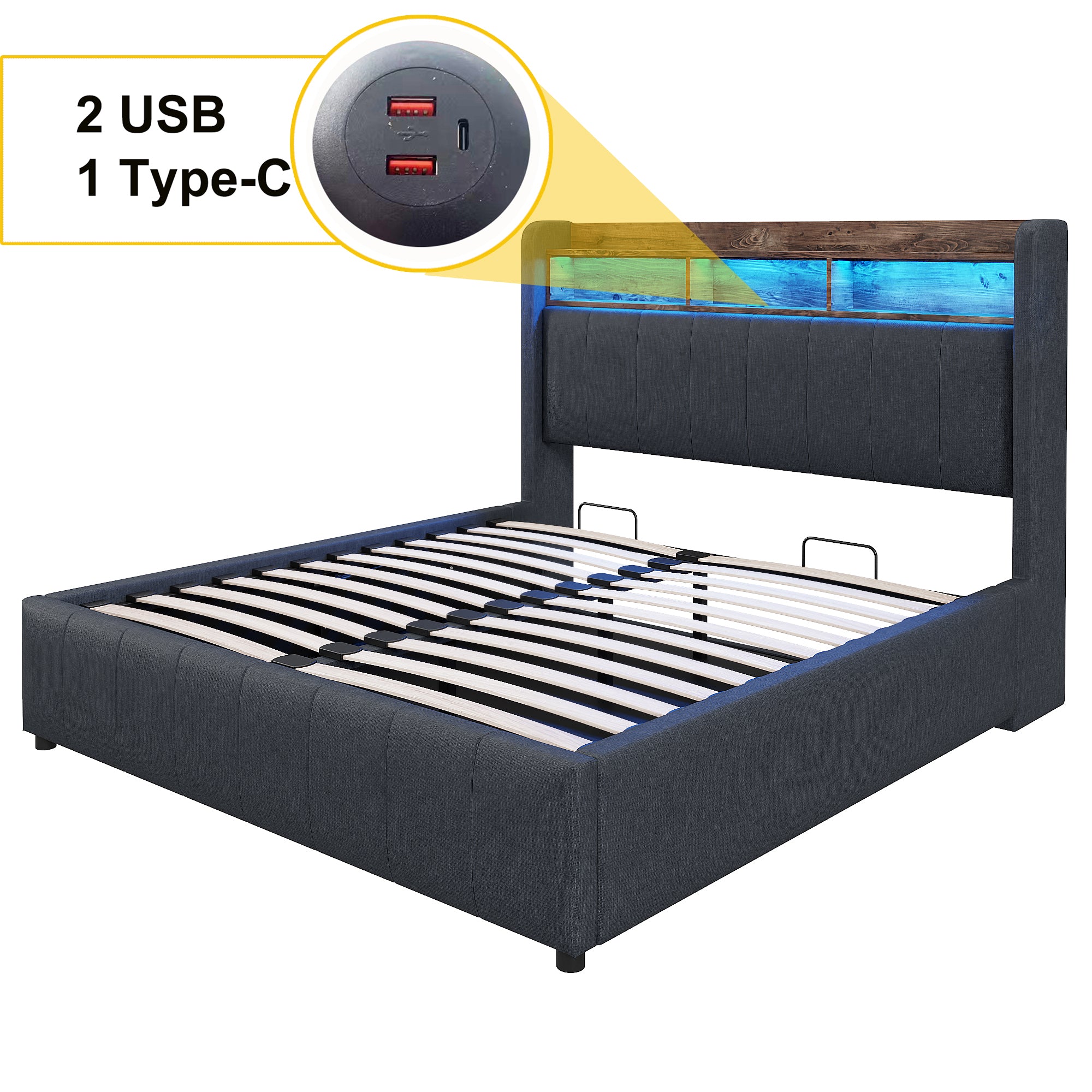 Upholstered Bed 140x200cm, LED & USB, Hydraulic Storage, Grey Linen