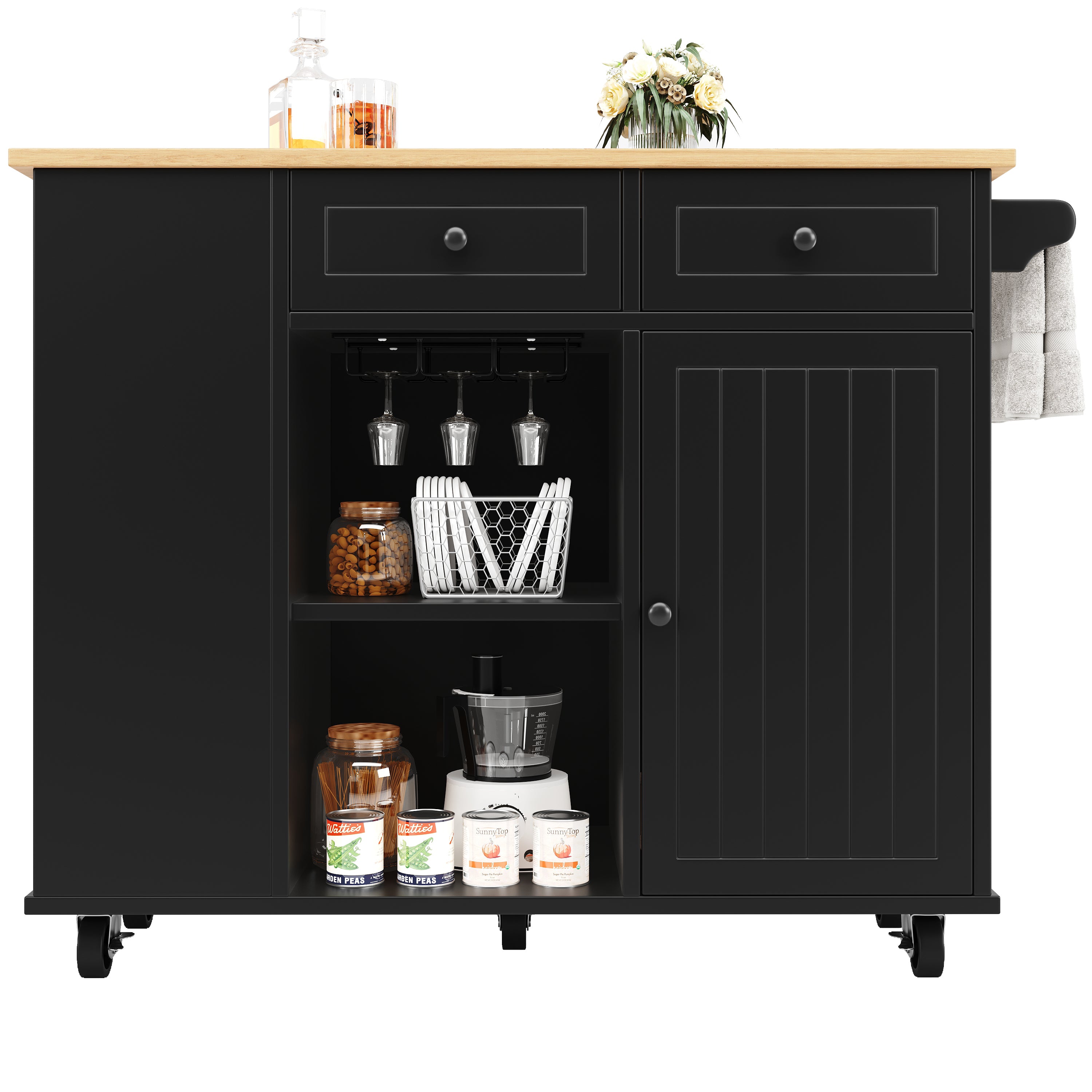 Kitchen Island Mobile Removable Partitions Wine Rack - Black Wood Grain