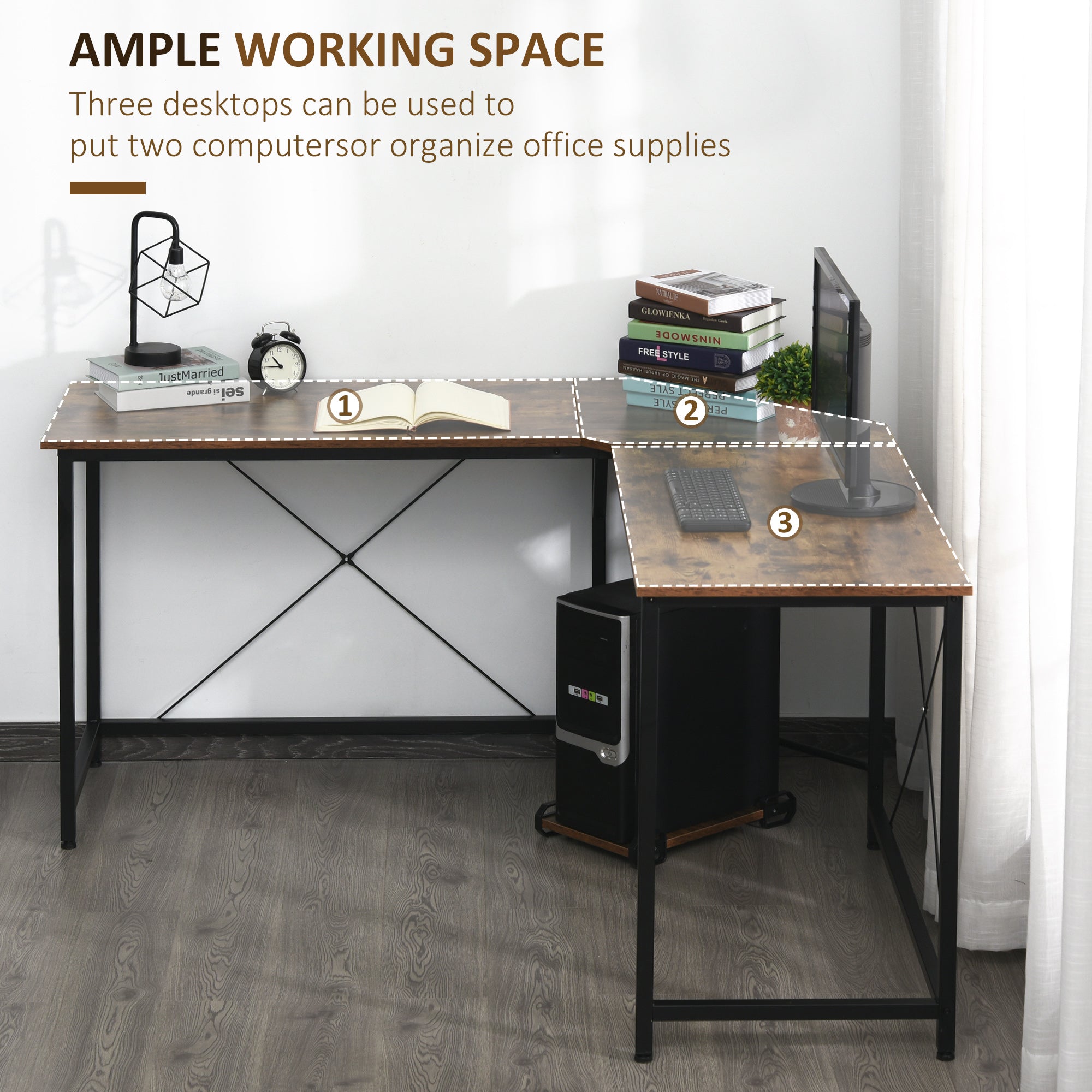 L-Shaped Corner Gaming Computer Desk, 150x150x75cm, Rustic Brown