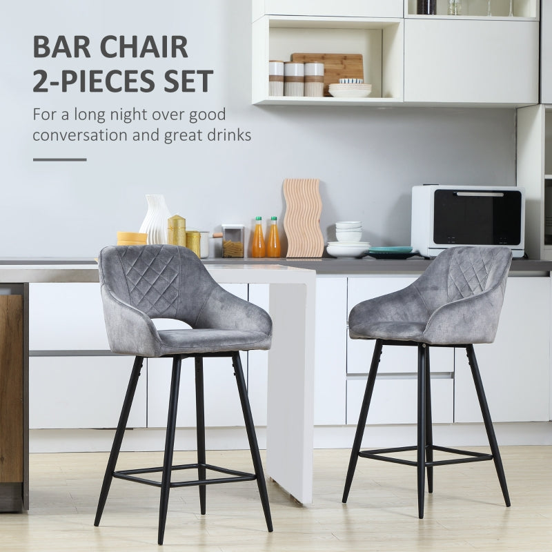 Bar Stools Set of 2, Counter Height with Steel Legs, Velvet-Touch Fabric Grey