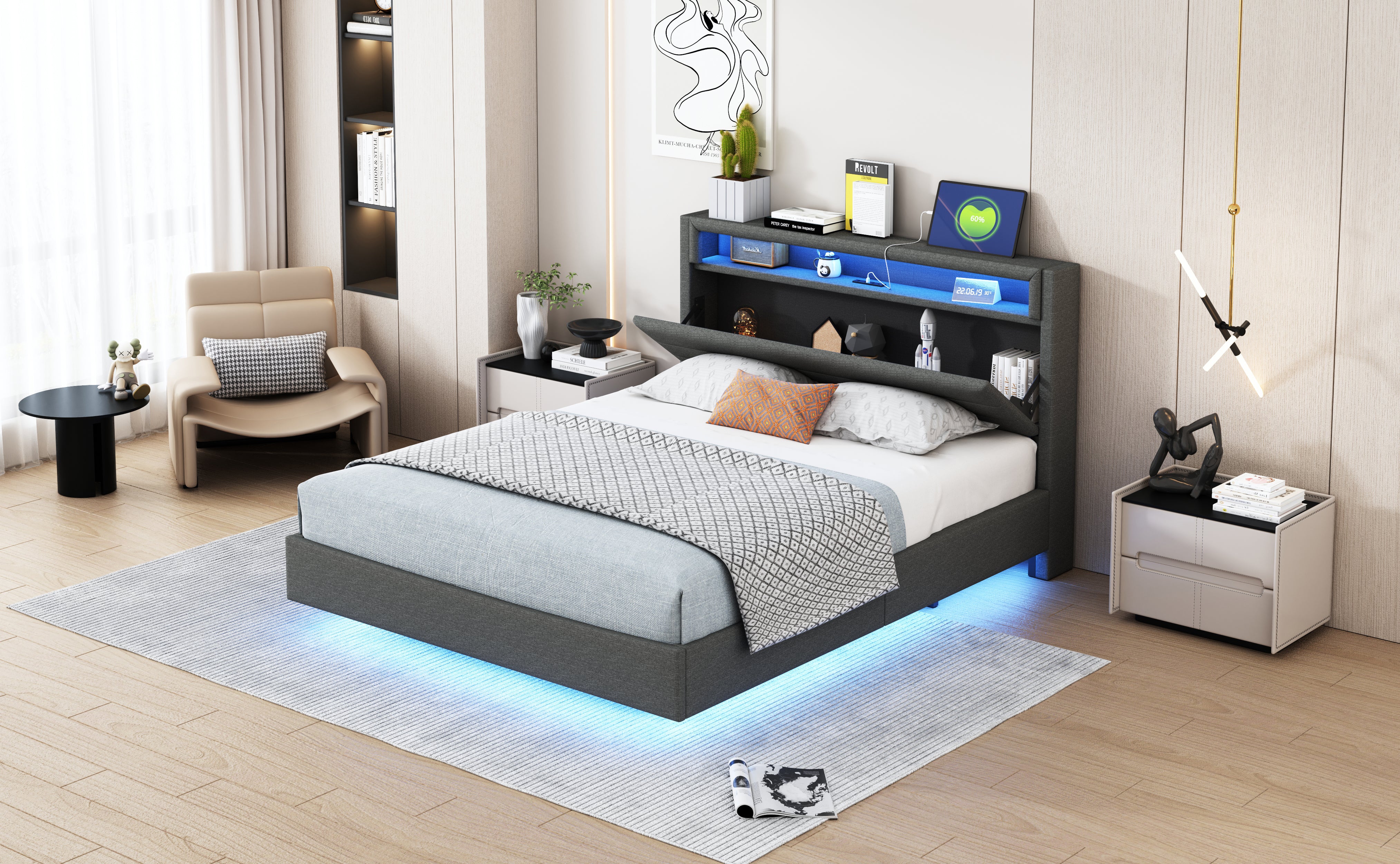 Upholstered Bed 140x200cm, USB & LED, Reversible Headboard, Linen Fabric Grey