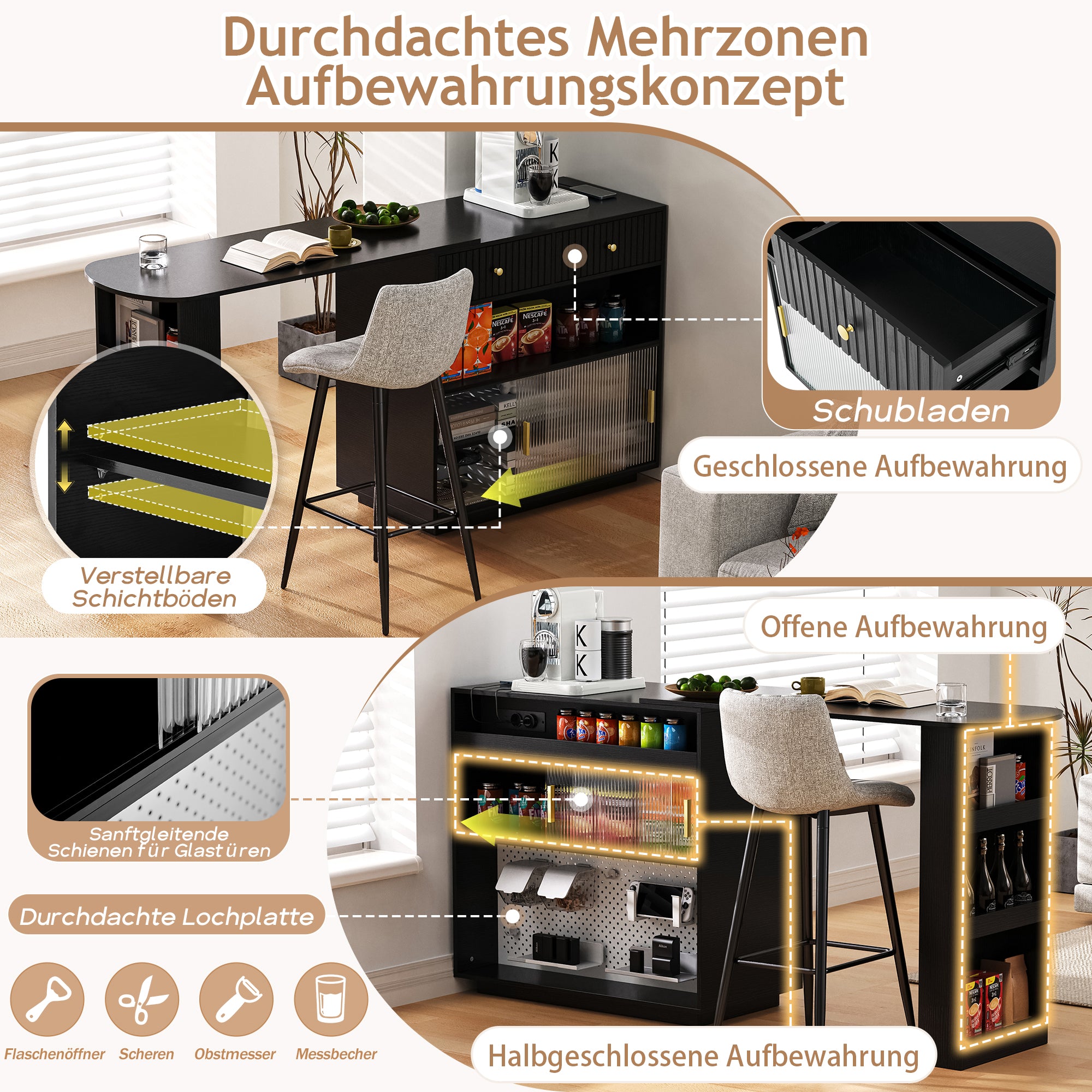 Bar Table Sideboard Extendable 360° Rotating with LED Lighting Sockets Black