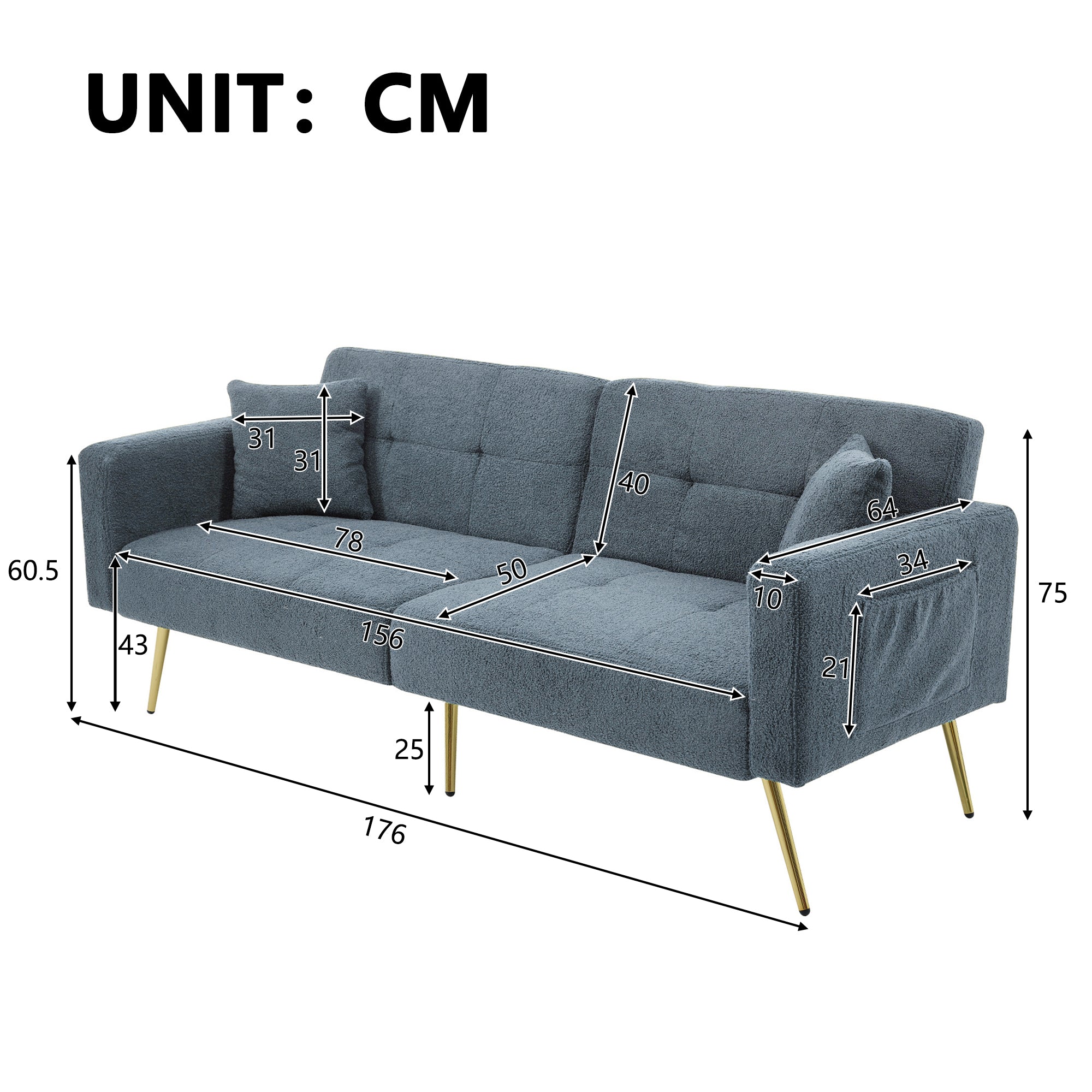 Sofa Bed with Adjustable Backrest, Cushions, Storage Pockets, Gold Legs