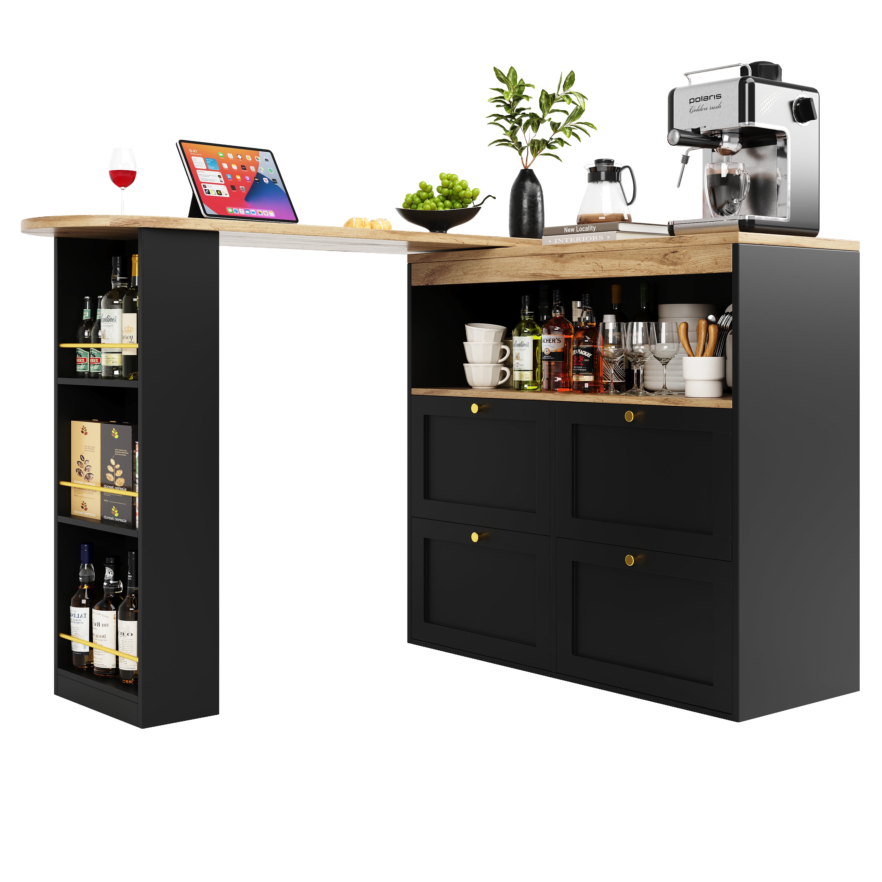 360° Rotating Bar Table with 4 Drawers and Open Shelves Storage