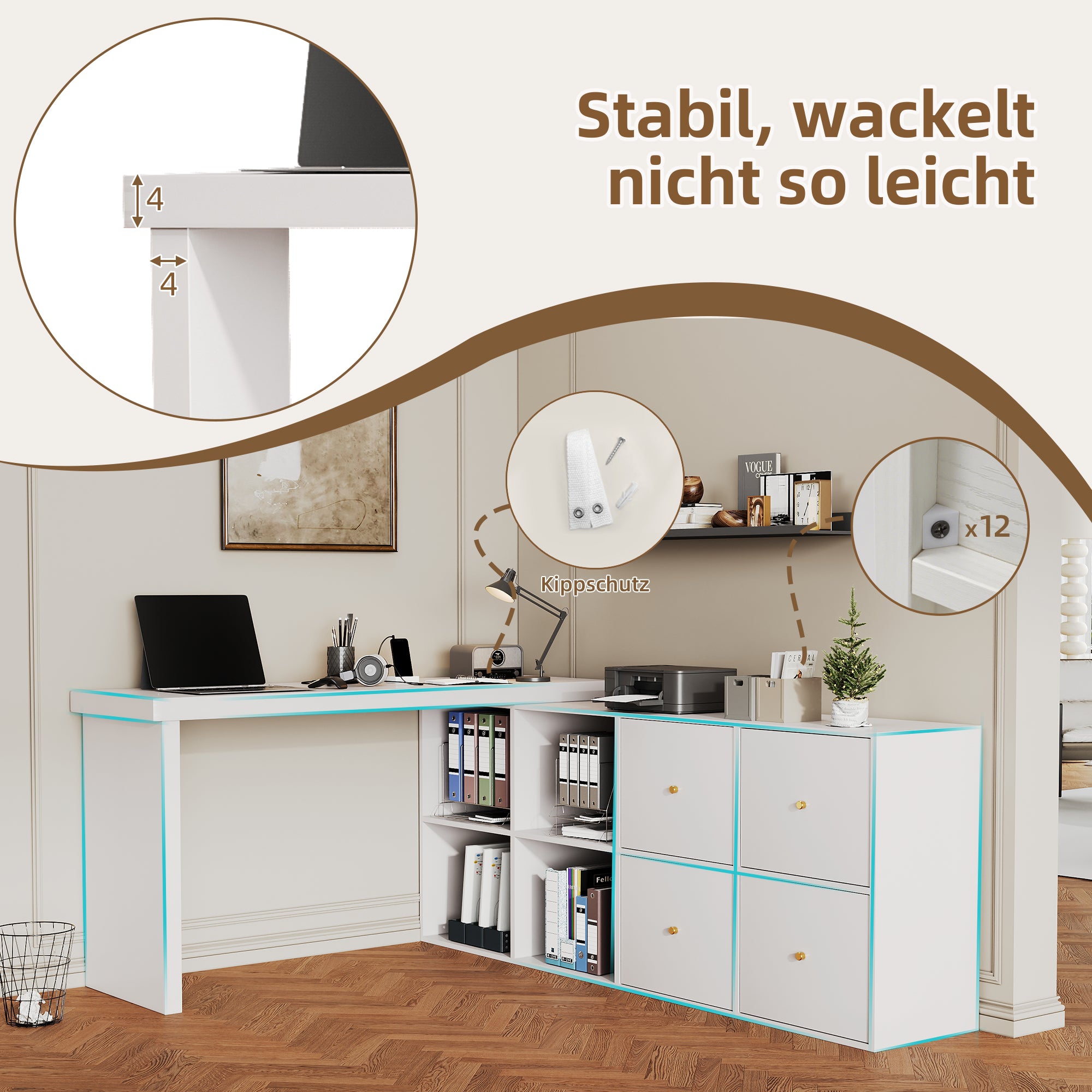 Corner Table 360° Swivel L-Shape/Straight, 4 Compartments 4 Drawers, White MDF